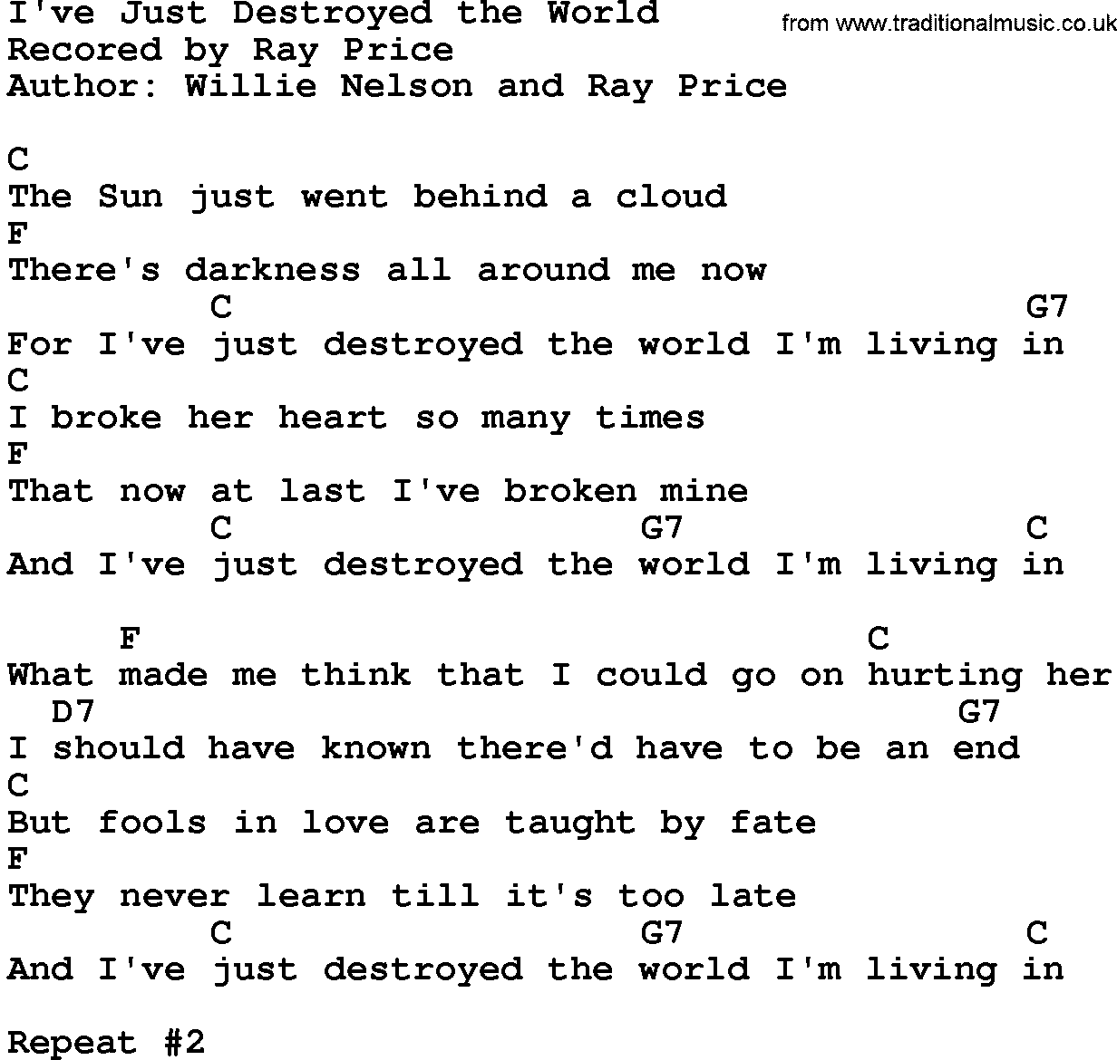 Country music song: I've Just Destroyed The World lyrics and chords