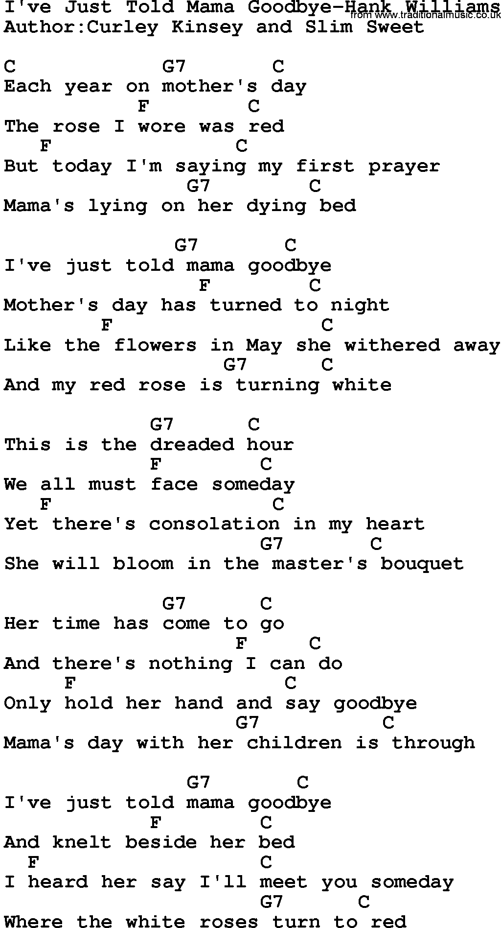 Country music song: I've Just Told Mama Goodbye-Hank Williams lyrics and chords
