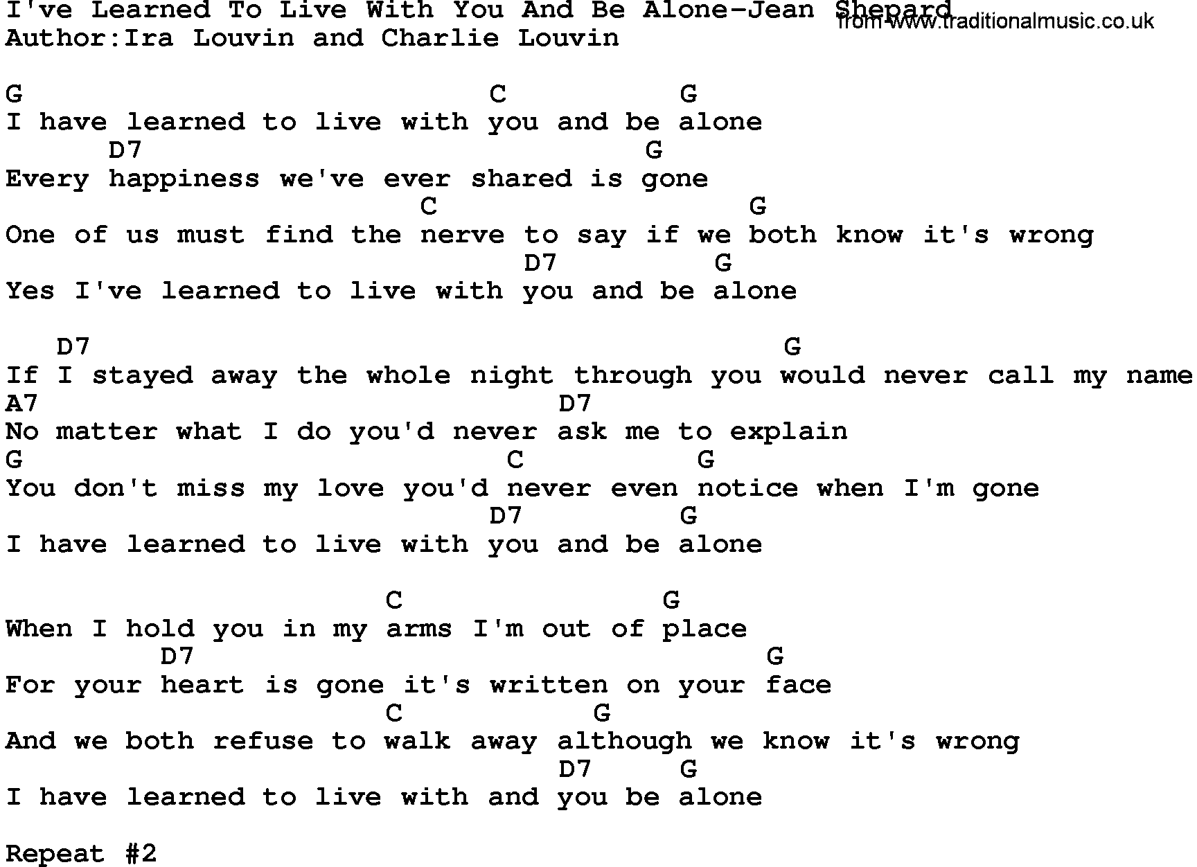 Country music song: I've Learned To Live With You And Be Alone-Jean Shepard lyrics and chords
