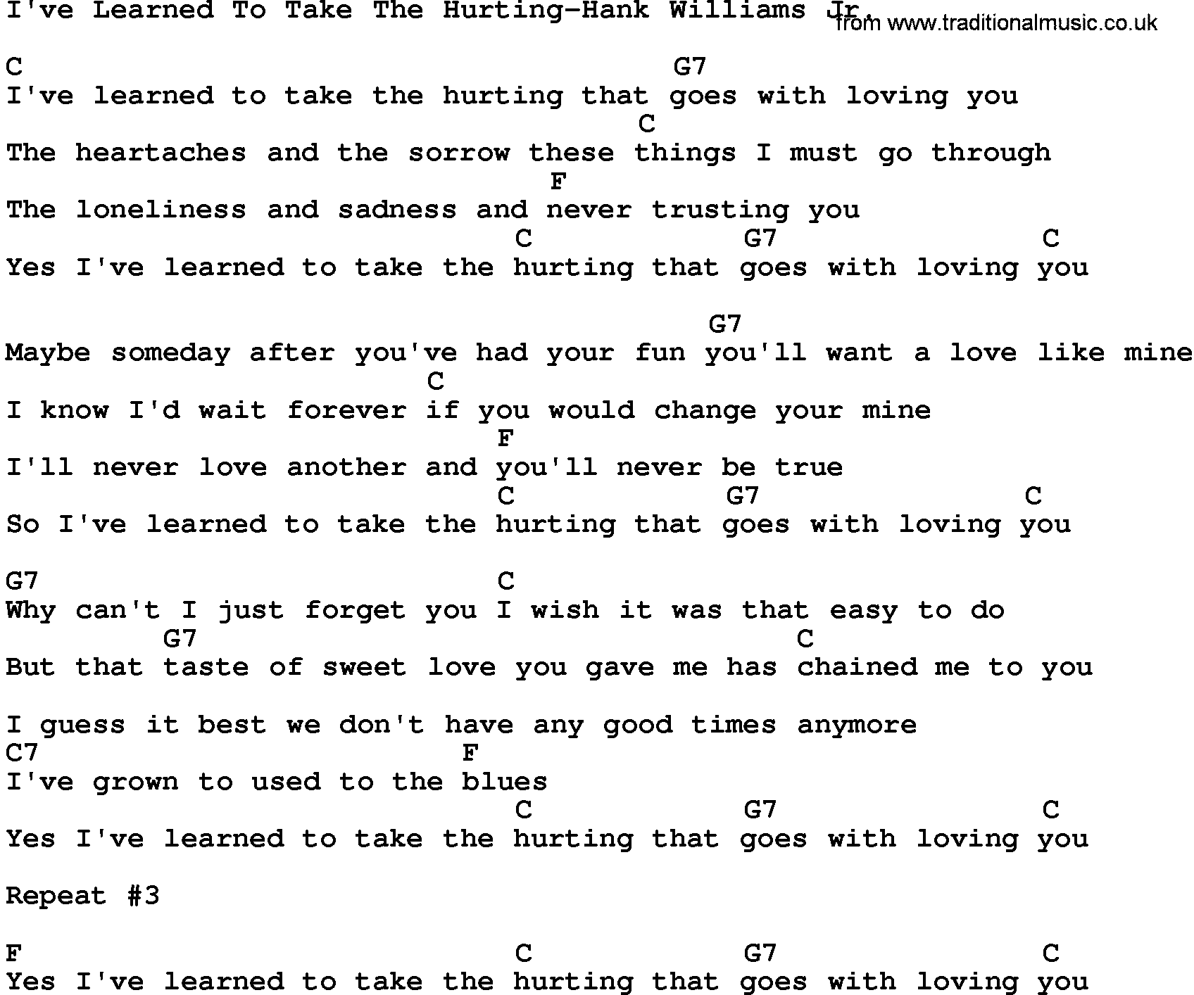 Country music song: I've Learned To Take The Hurting-Hank Williams Jr lyrics and chords