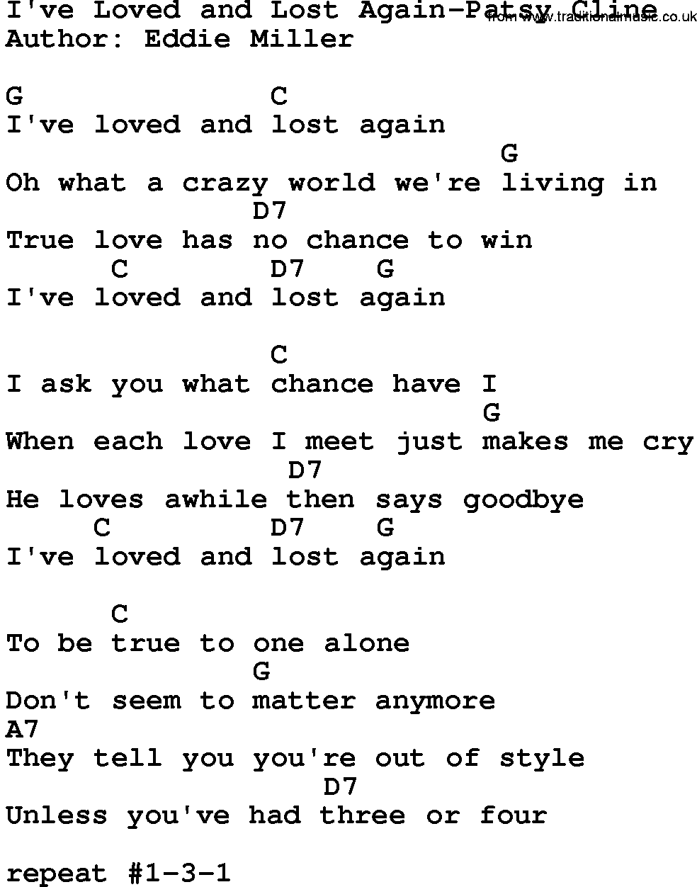 Country music song: I've Loved And Lost Again-Patsy Cline lyrics and chords