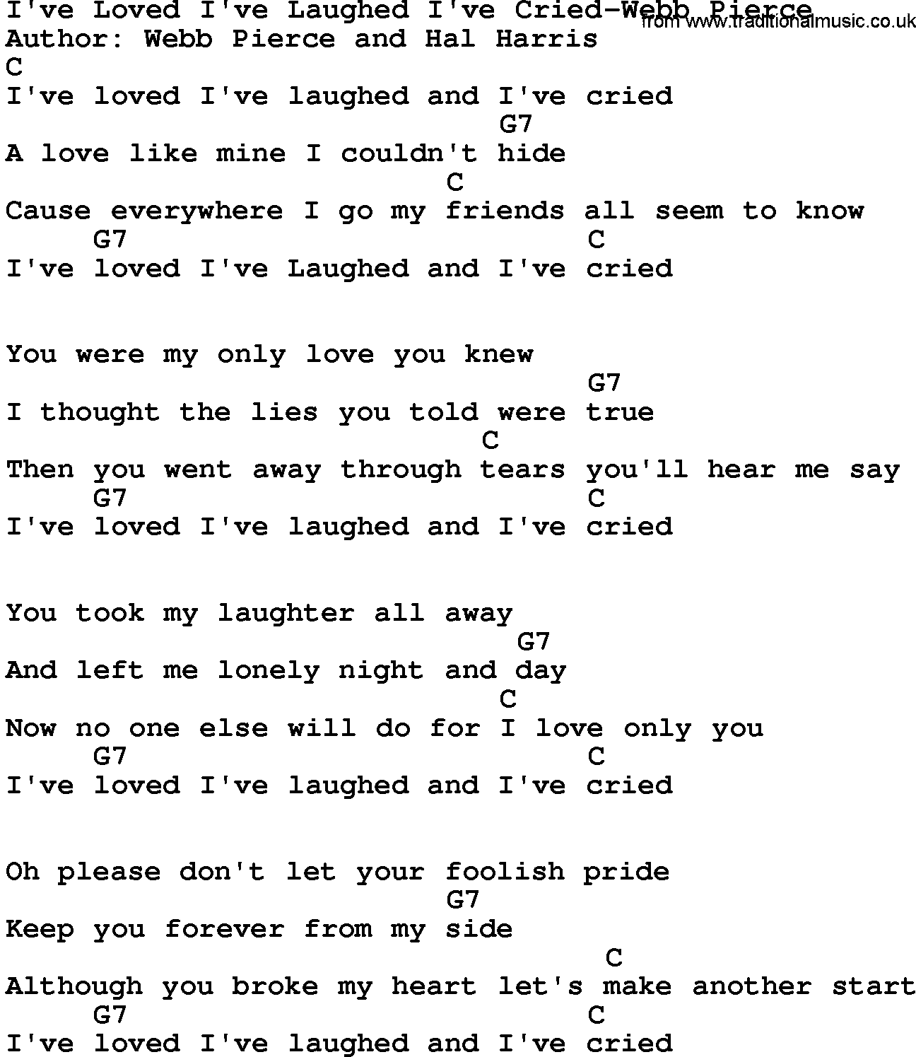 Country music song: I've Loved I've Laughed I've Cried-Webb Pierce lyrics and chords