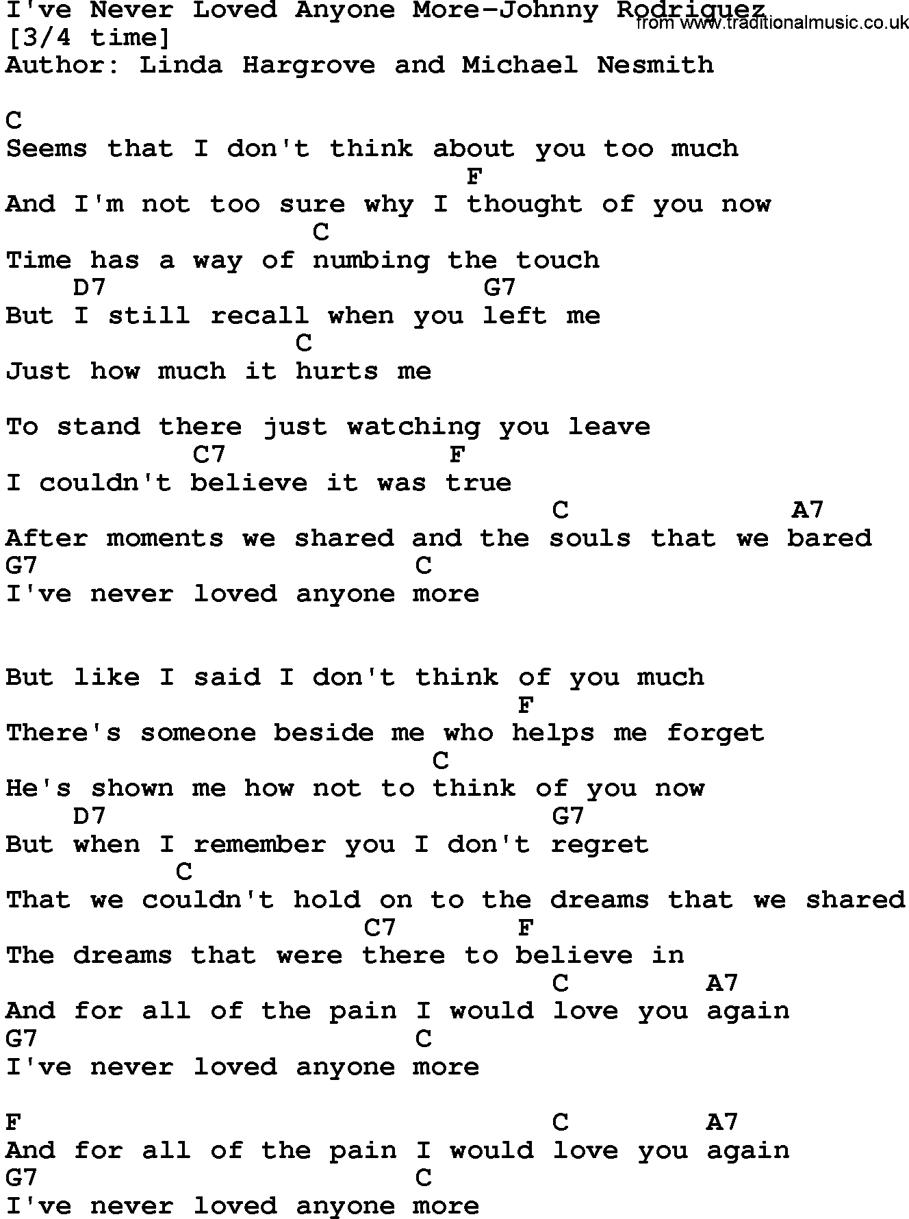 Country music song: I've Never Loved Anyone More-Johnny Rodriguez lyrics and chords