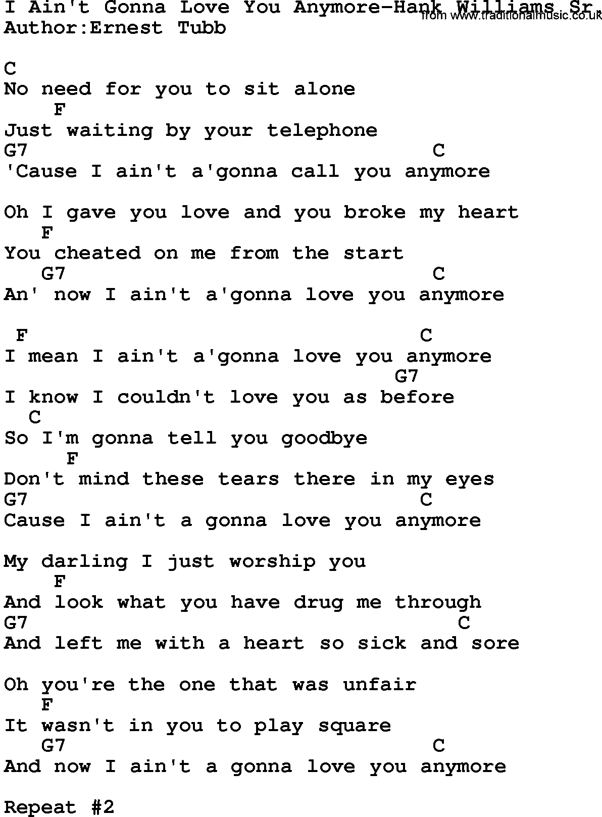 Country music song: I Ain't Gonna Love You Anymore-Hank Williams Sr lyrics and chords