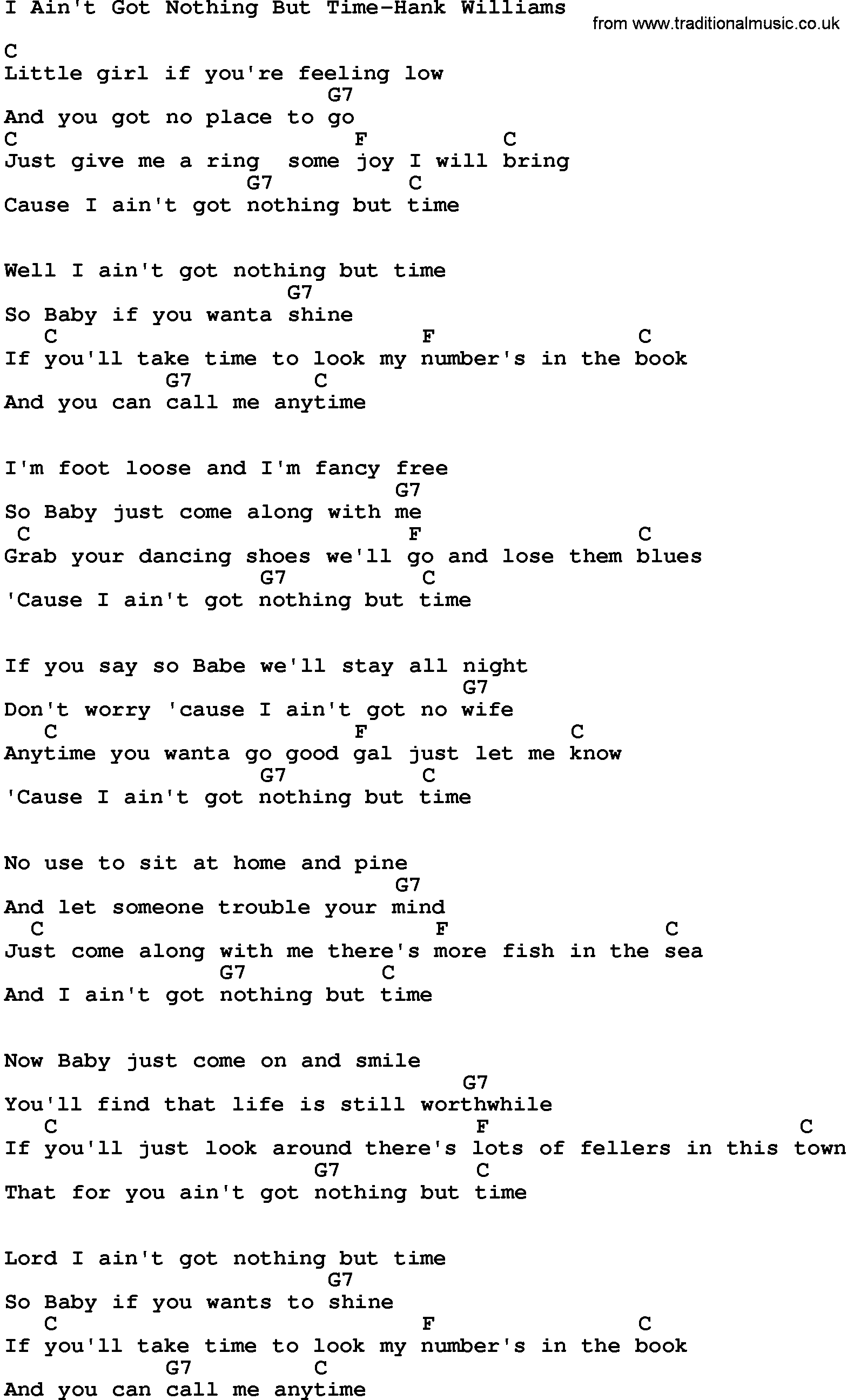 Country music song: I Ain't Got Nothing But Time-Hank Williams lyrics and chords