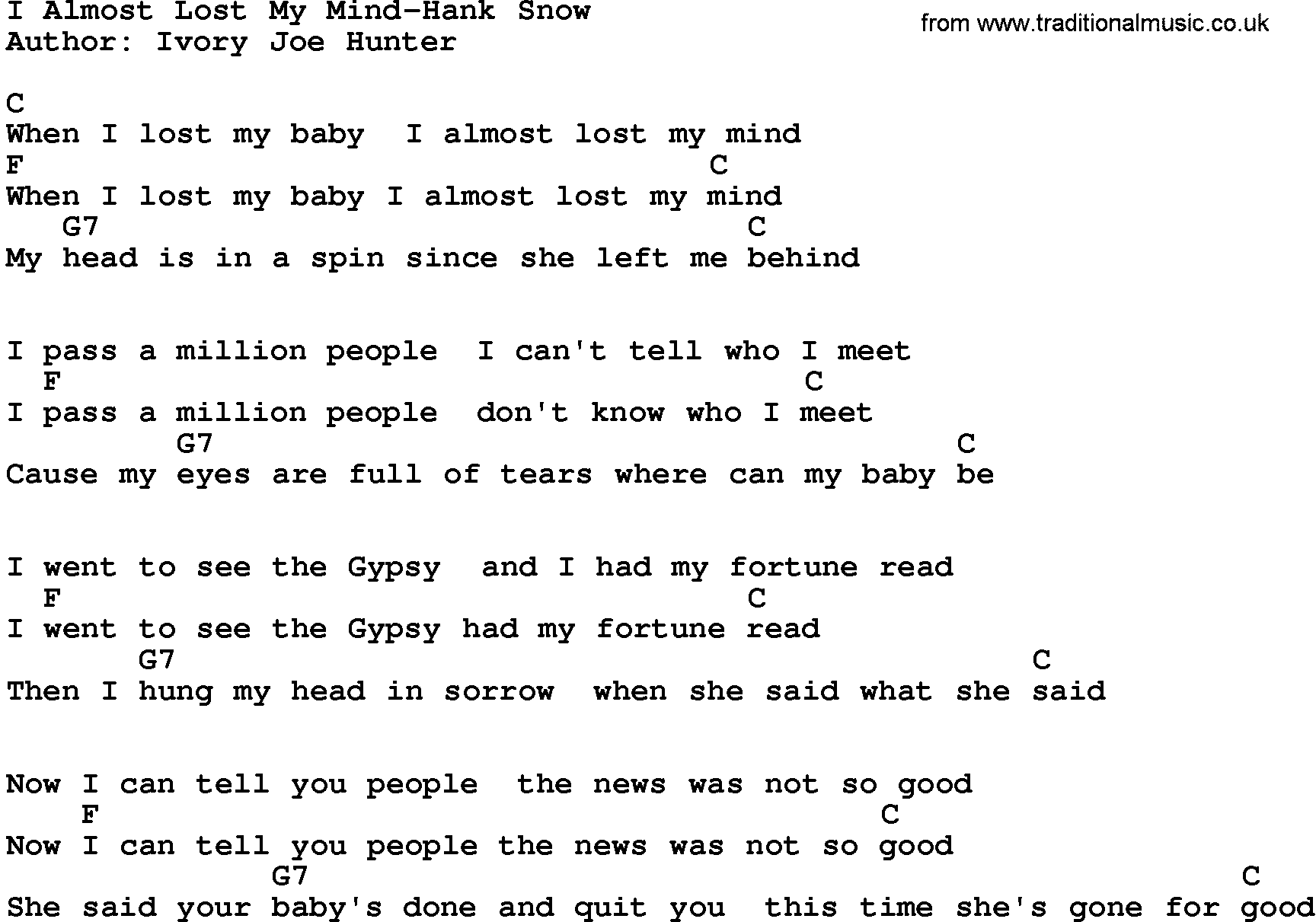 Country music song: I Almost Lost My Mind-Hank Snow lyrics and chords