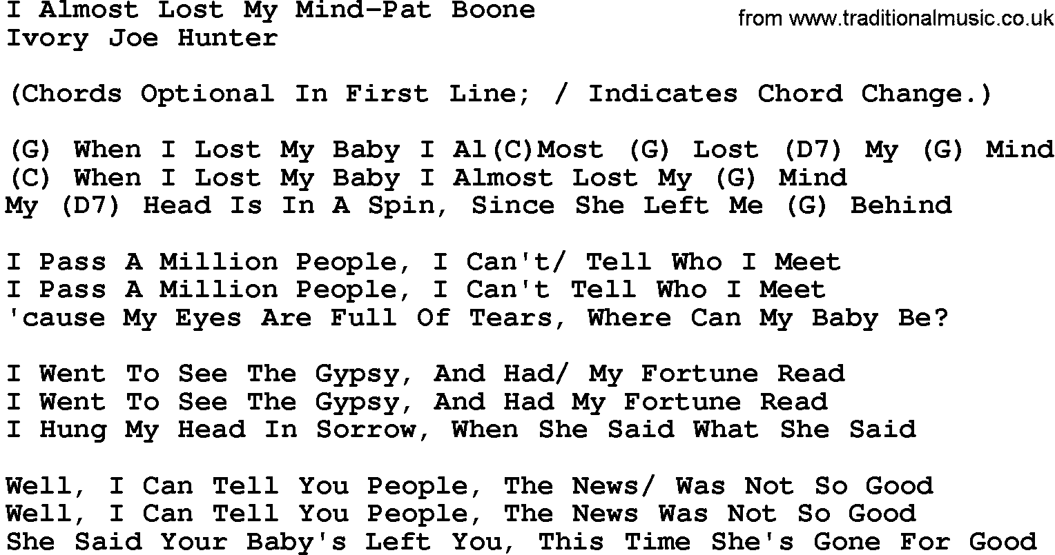 Country music song: I Almost Lost My Mind-Pat Boone lyrics and chords