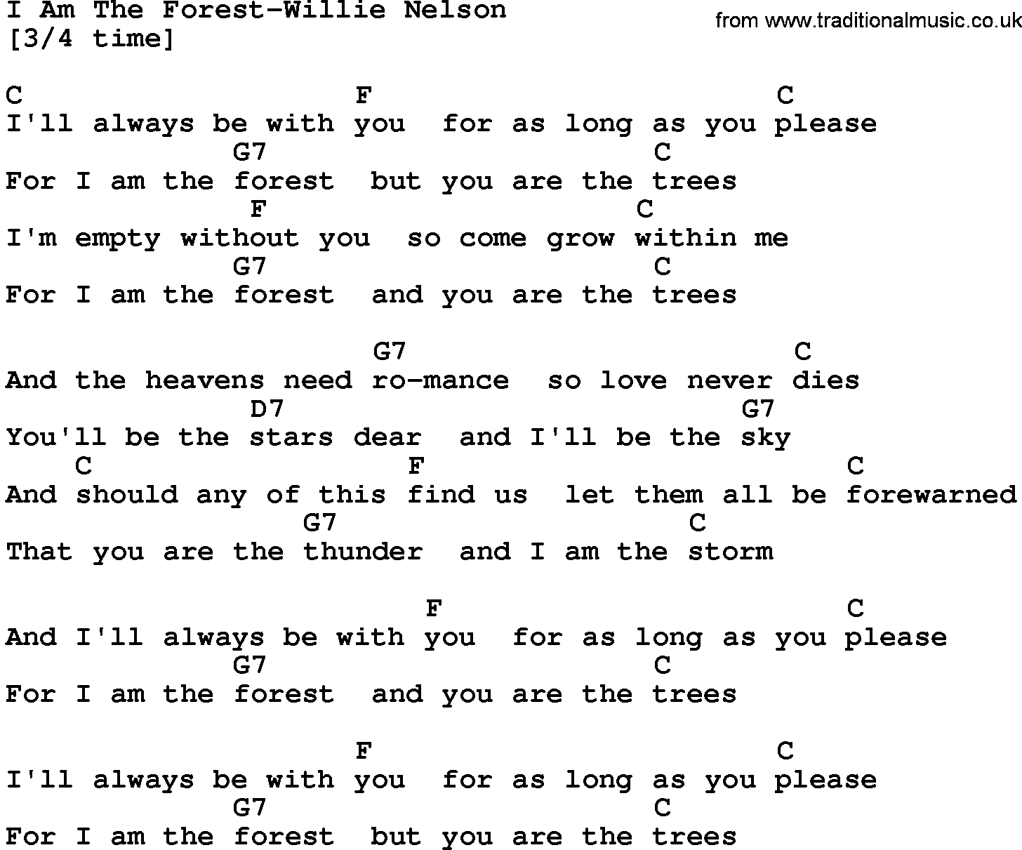 Country music song: I Am The Forest-Willie Nelson lyrics and chords