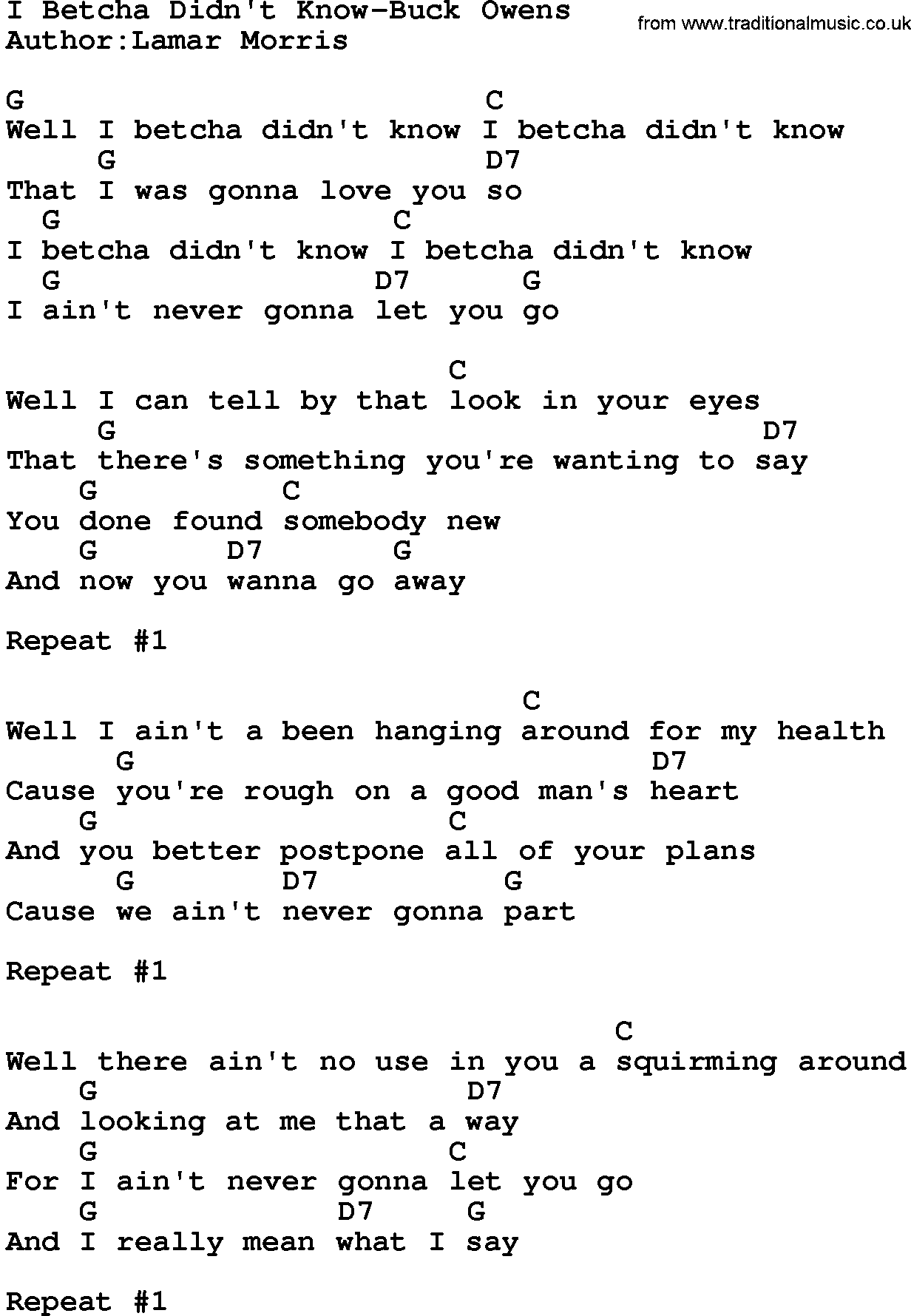 Country music song: I Betcha Didn't Know-Buck Owens lyrics and chords