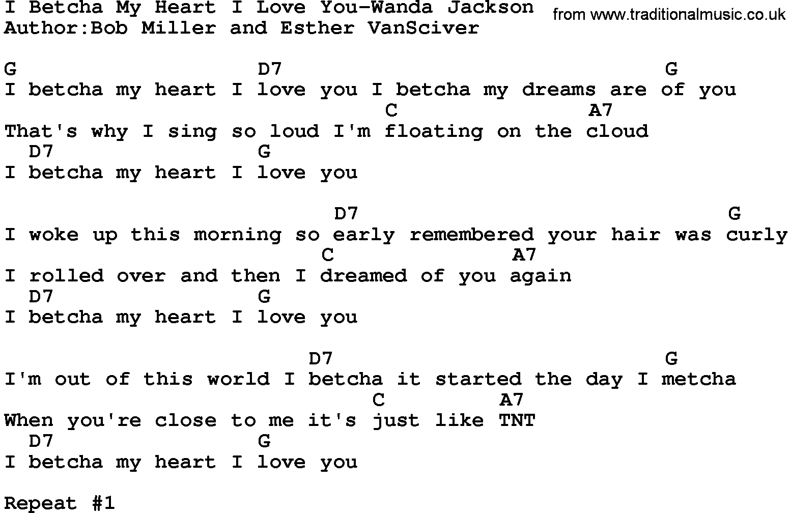 Country music song: I Betcha My Heart I Love You-Wanda Jackson lyrics and chords