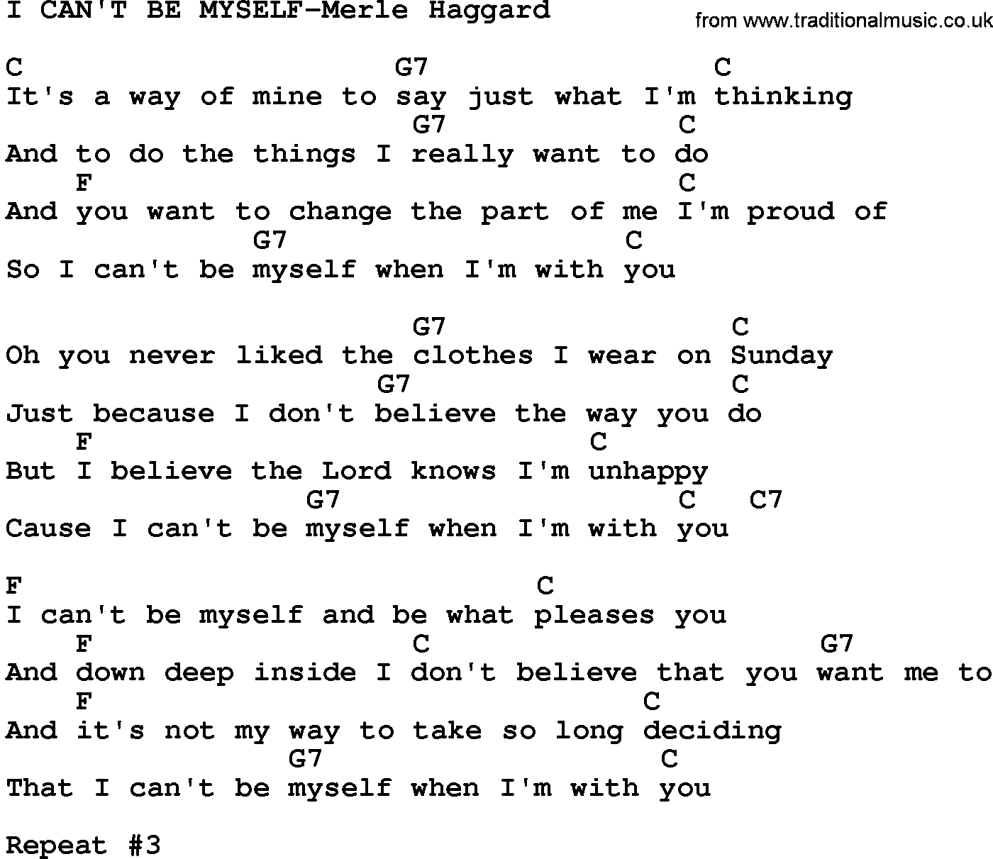 Country music song: I Can't Be Myself-Merle Haggard lyrics and chords