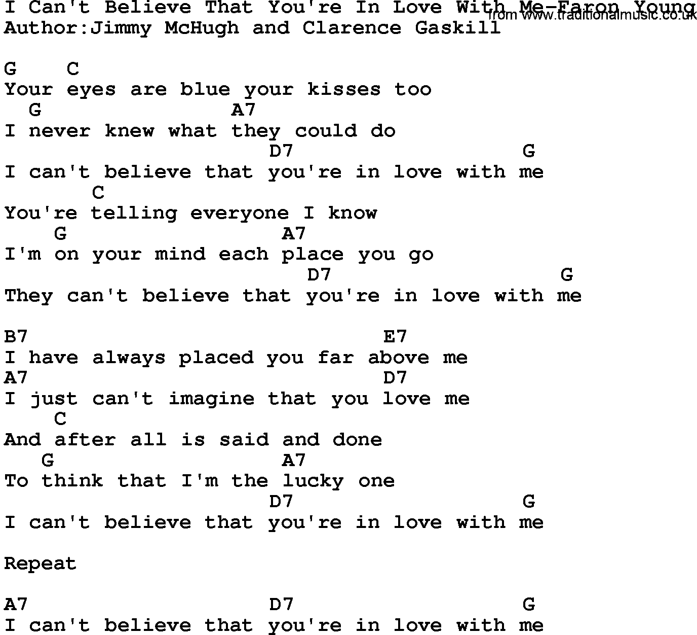 Country music song: I Can't Believe That You're In Love With Me-Faron Young lyrics and chords