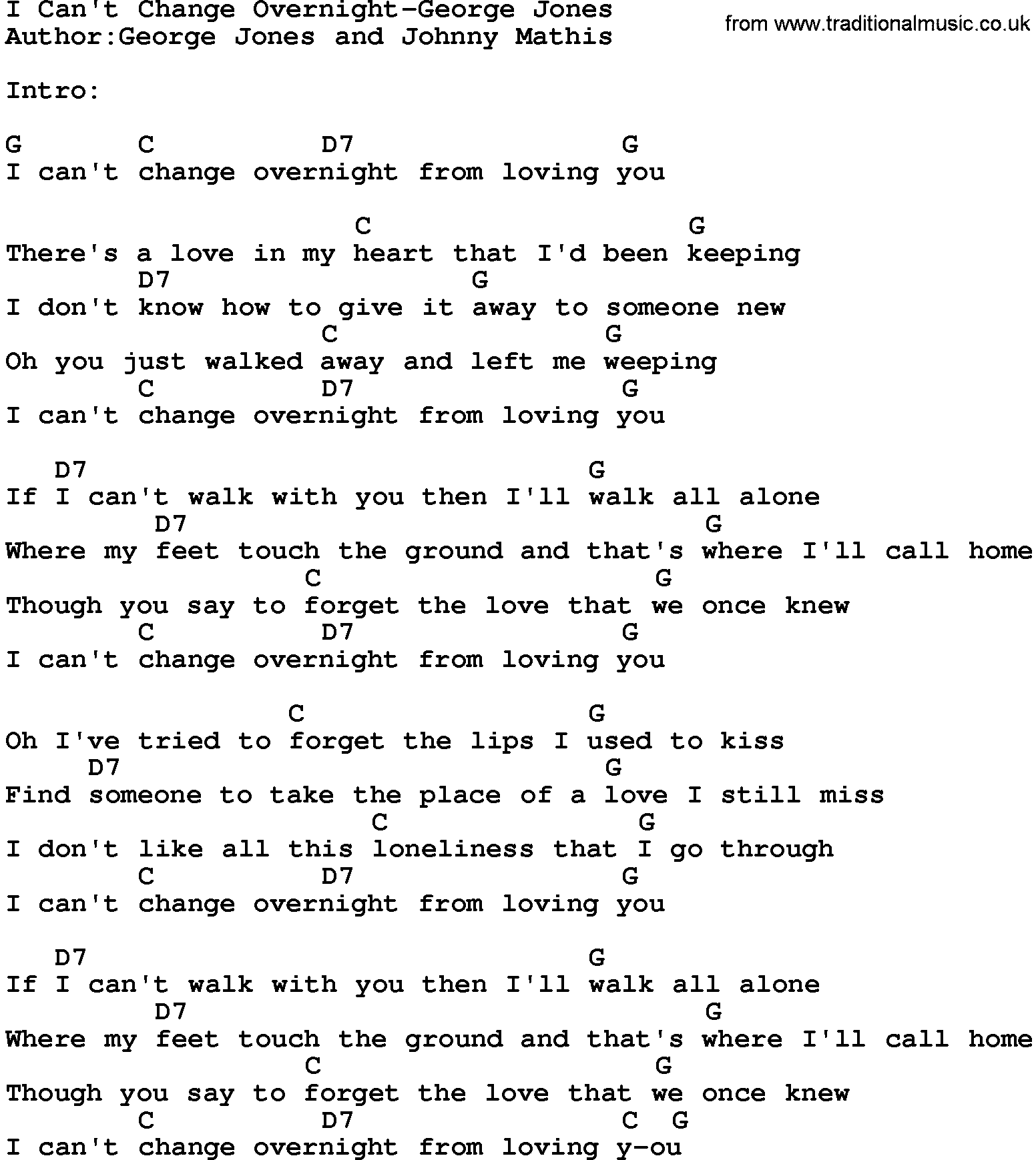 Country music song: I Can't Change Overnight-George Jones lyrics and chords