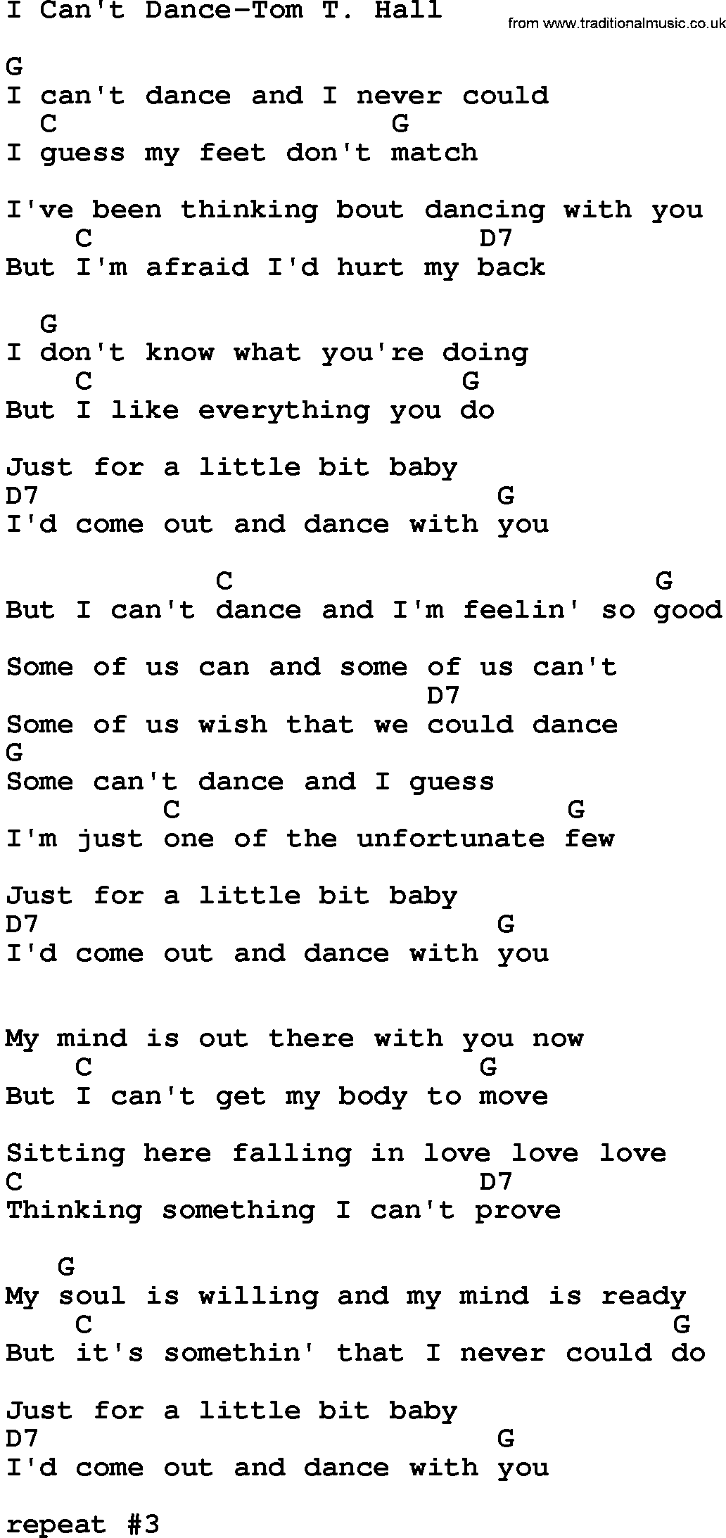 Country music song: I Can't Dance-Tom T Hall lyrics and chords