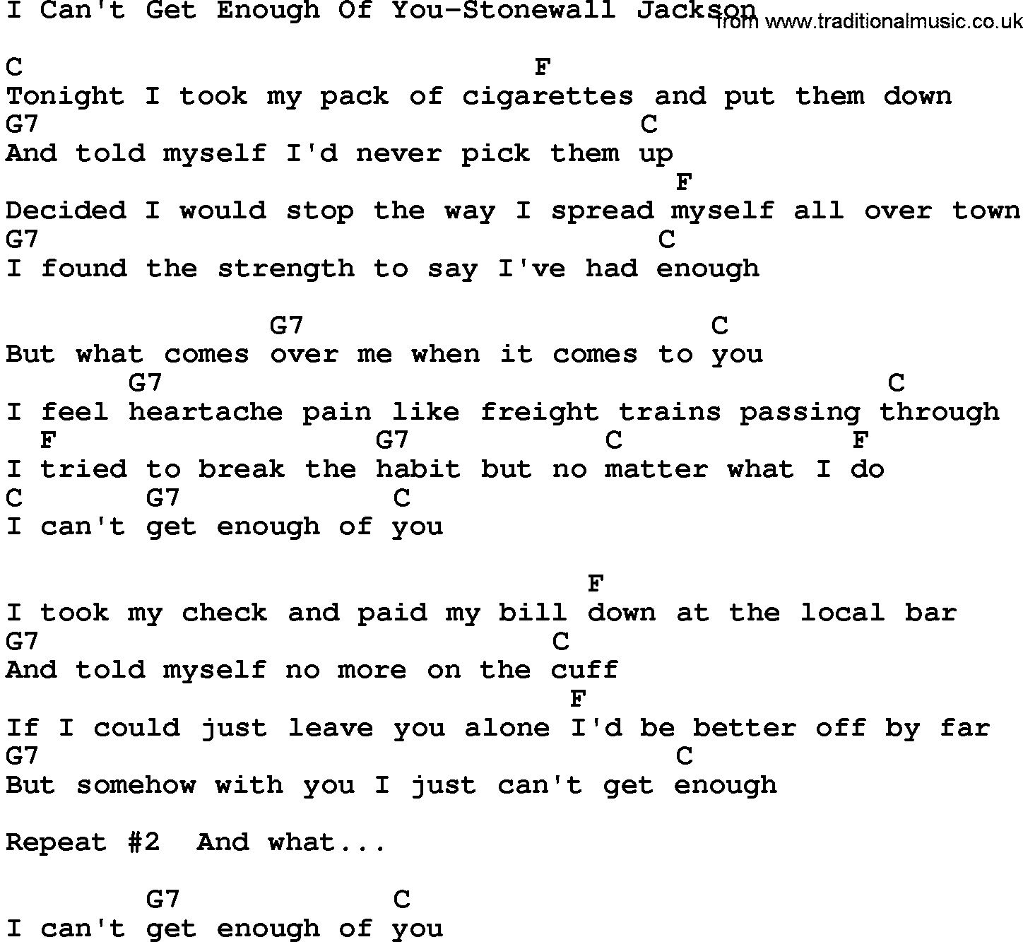 Country music song: I Can't Get Enough Of You-Stonewall Jackson lyrics and chords