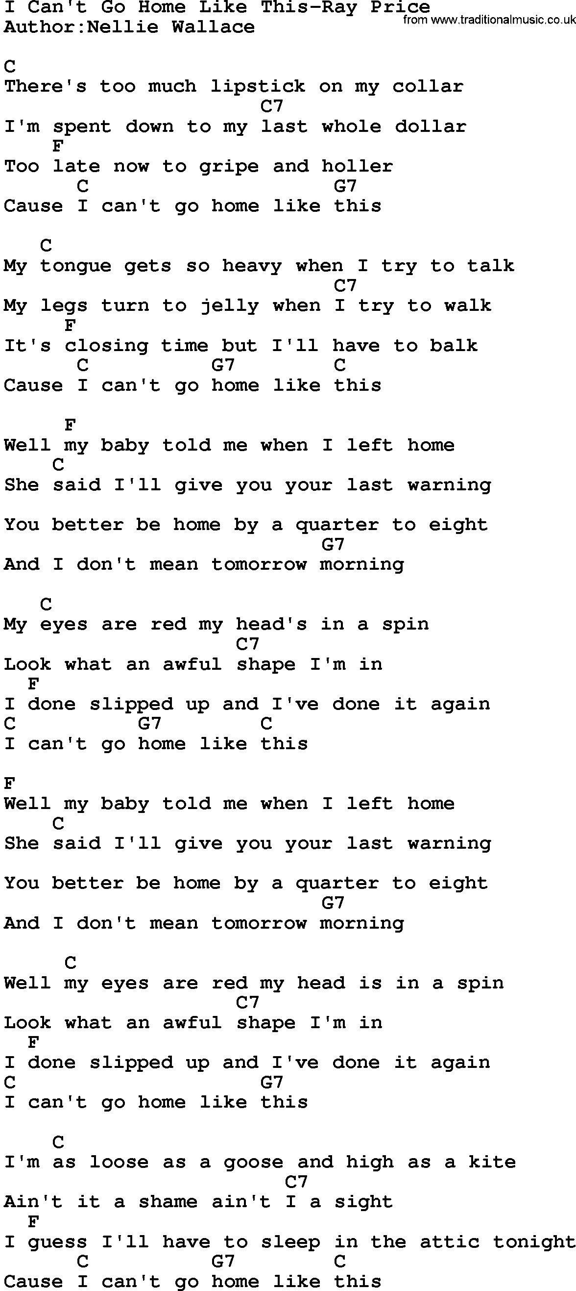 Country music song: I Can't Go Home Like This-Ray Price lyrics and chords
