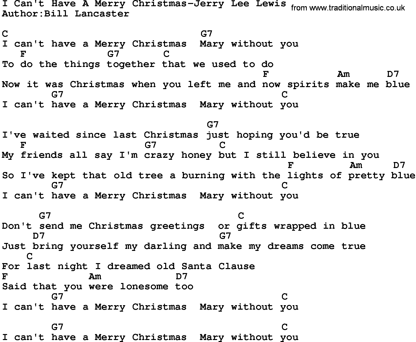Country music song: I Can't Have A Merry Christmas-Jerry Lee Lewis lyrics and chords