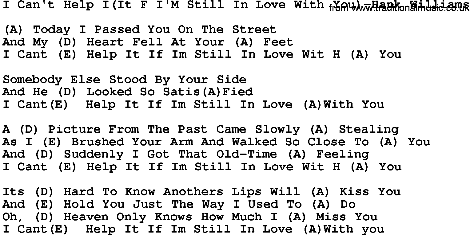 Country music song: I Can't Help I(It F I'm Still In Love With You)-Hank William lyrics and chords