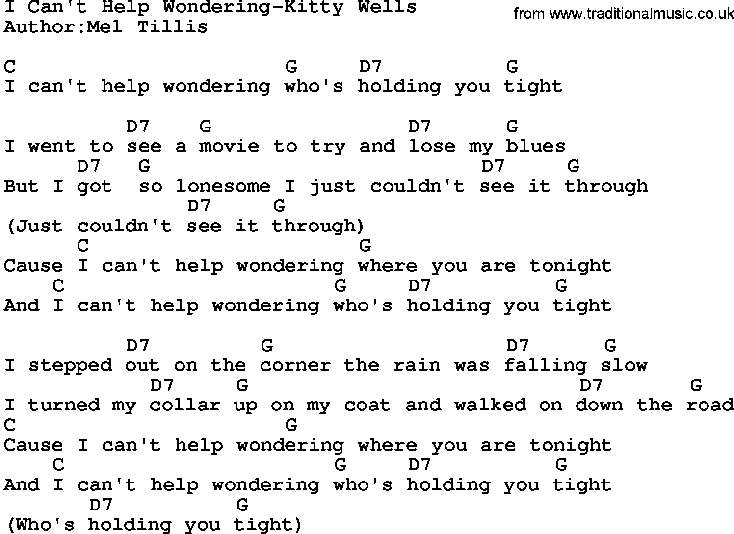 Country music song: I Can't Help Wondering-Kitty Wells lyrics and chords