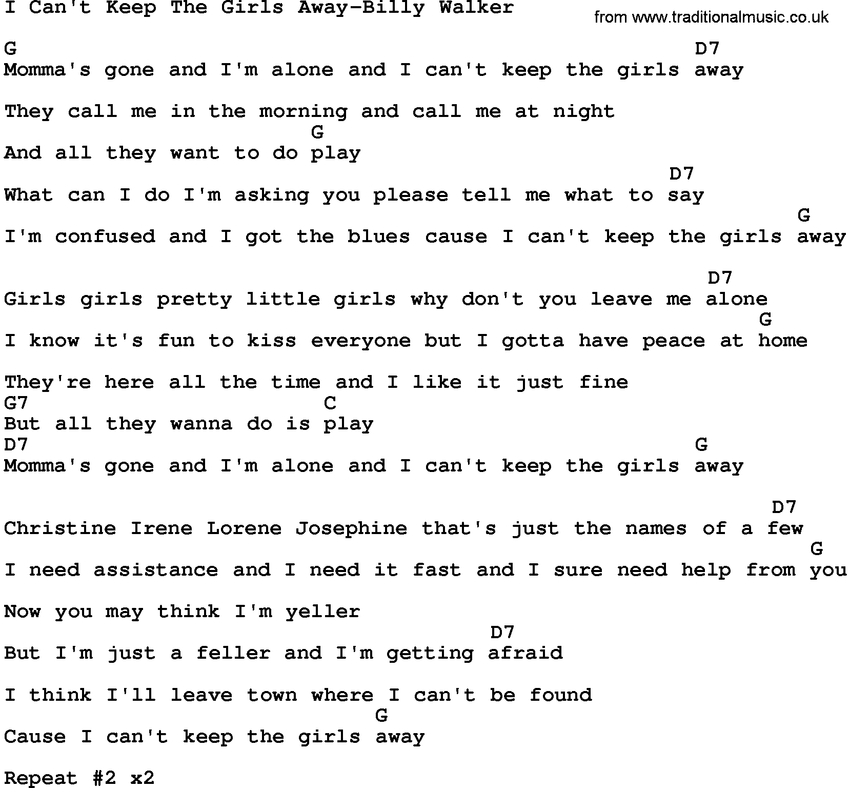 Country music song: I Can't Keep The Girls Away-Billy Walker lyrics and chords