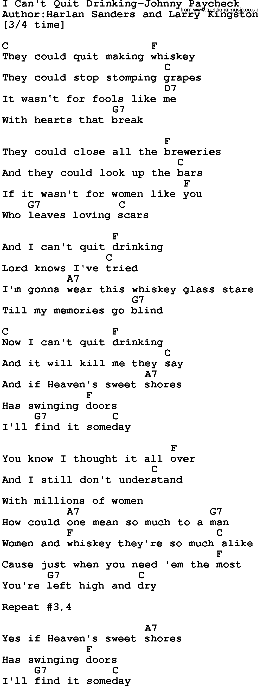 Country music song: I Can't Quit Drinking-Johnny Paycheck lyrics and chords