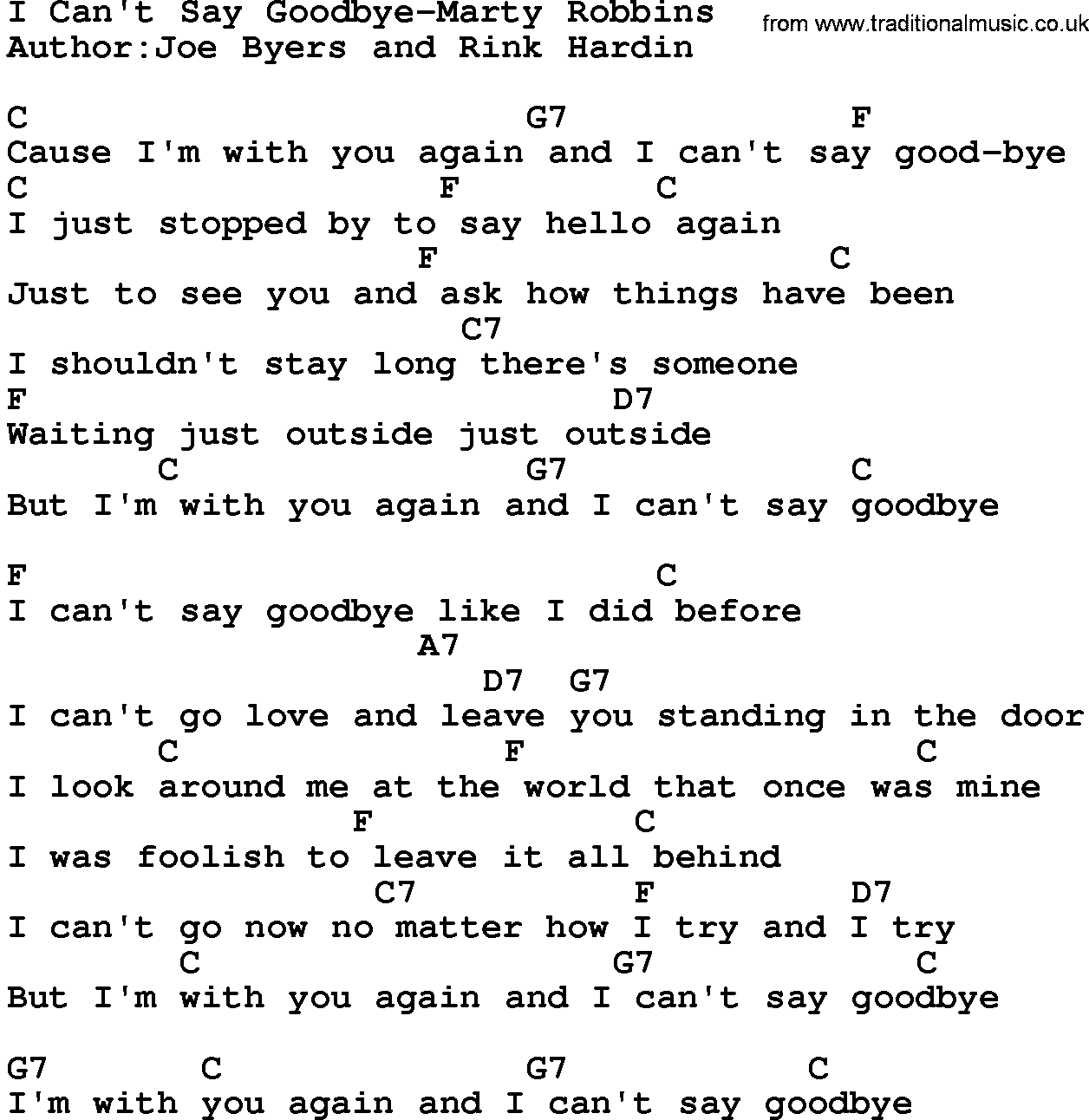 Country music song: I Can't Say Goodbye-Marty Robbins lyrics and chords