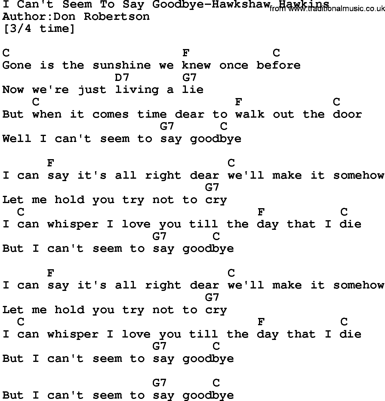 Country music song: I Can't Seem To Say Goodbye-Hawkshaw Hawkins lyrics and chords