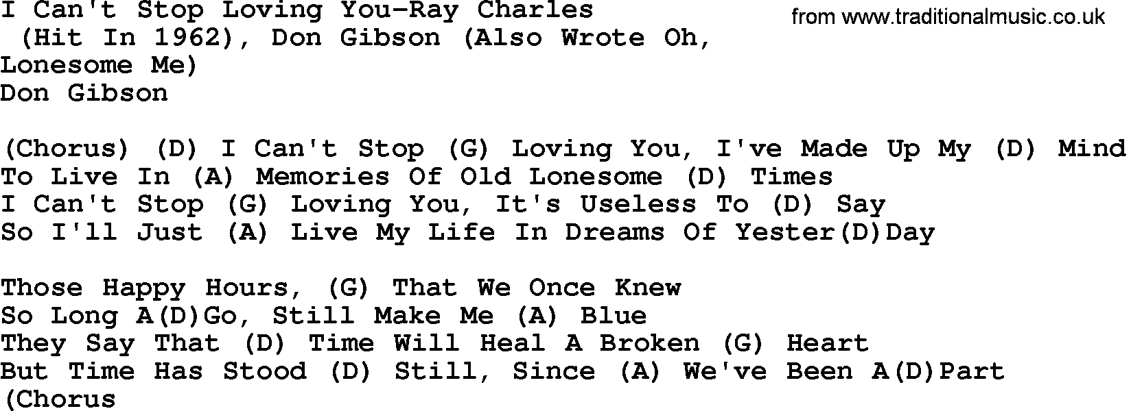 Country music song: I Can't Stop Loving You-Ray Charles lyrics and chords