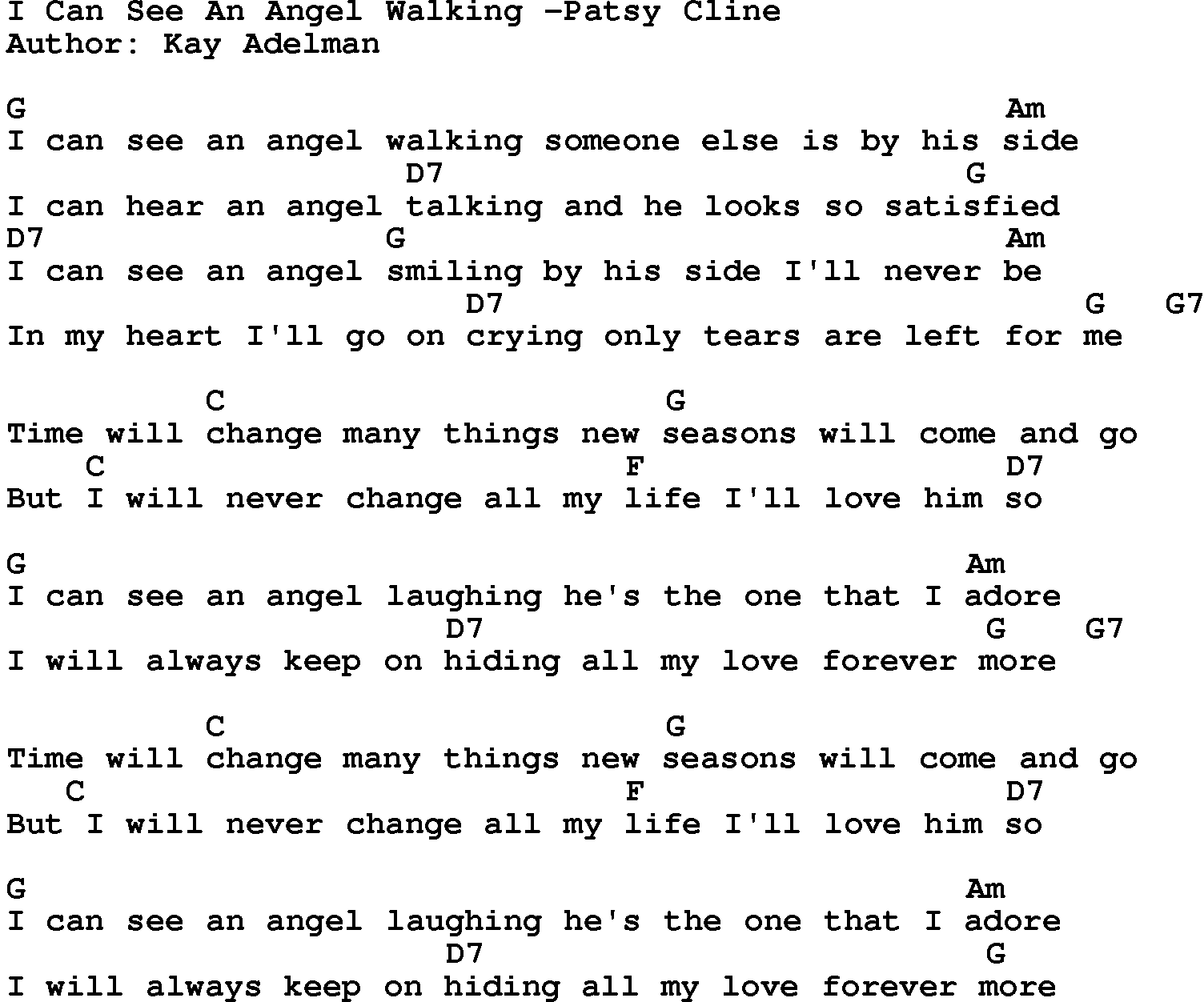 Country music song: I Can See An Angel Walking -Patsy Cline lyrics and chords