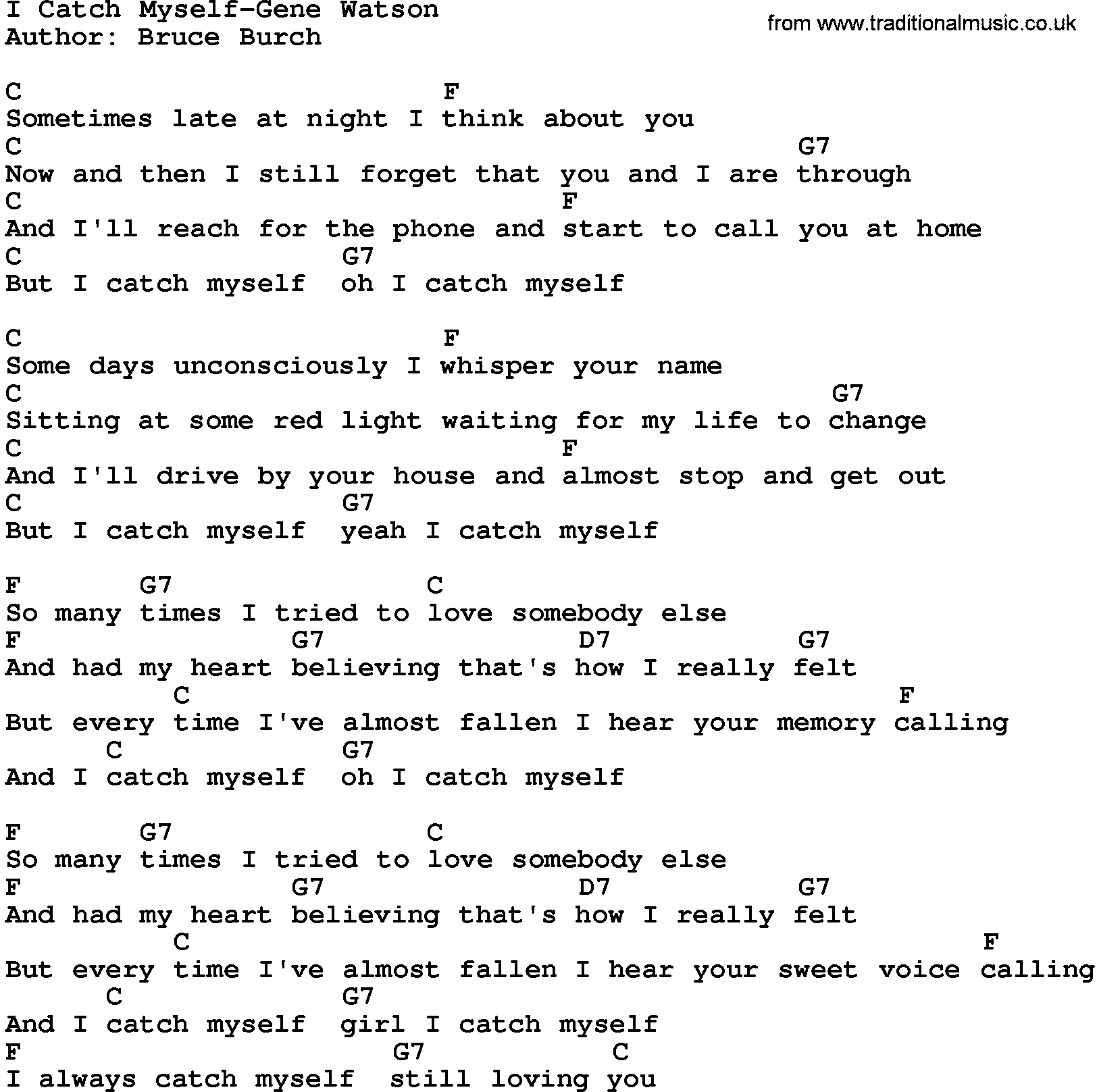 Country music song: I Catch Myself-Gene Watson lyrics and chords