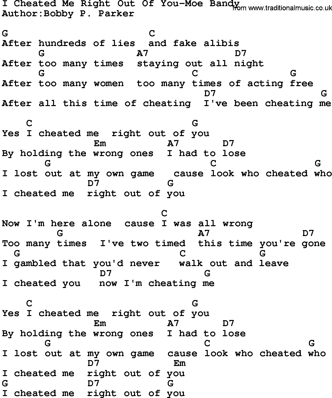Country music song: I Cheated Me Right Out Of You-Moe Bandy lyrics and chords