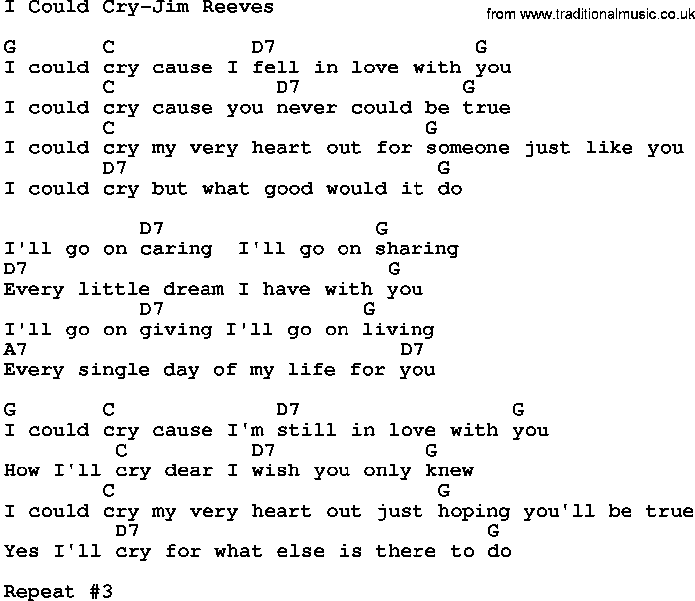 Country music song: I Could Cry-Jim Reeves lyrics and chords