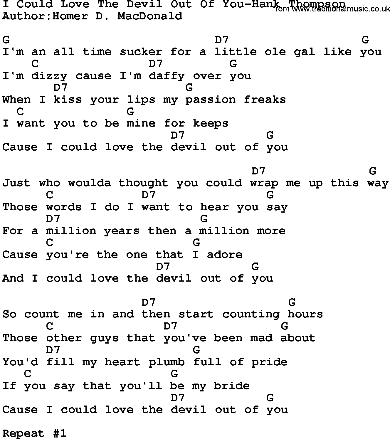 Country music song: I Could Love The Devil Out Of You-Hank Thompson lyrics and chords