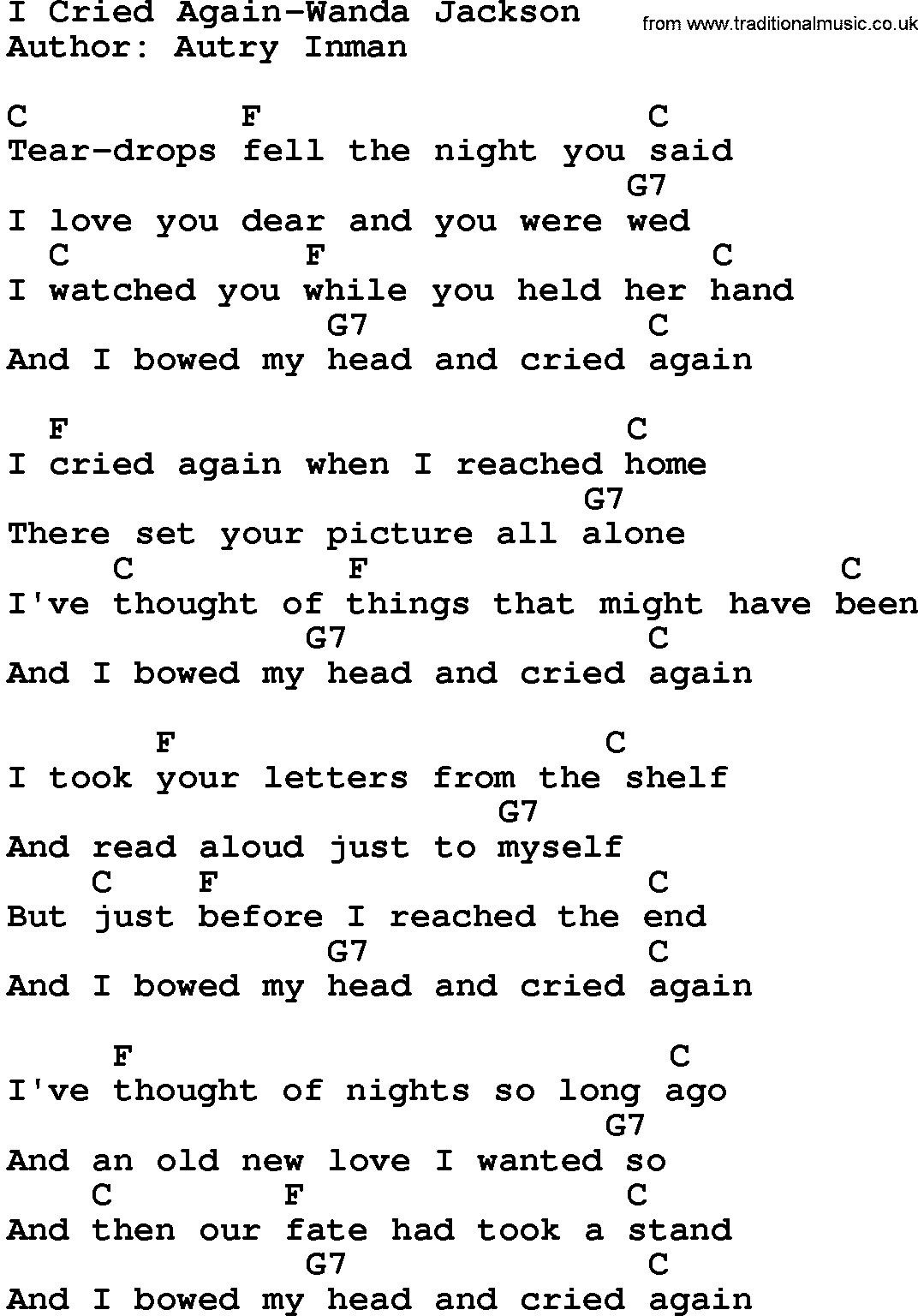 Country music song: I Cried Again-Wanda Jackson lyrics and chords