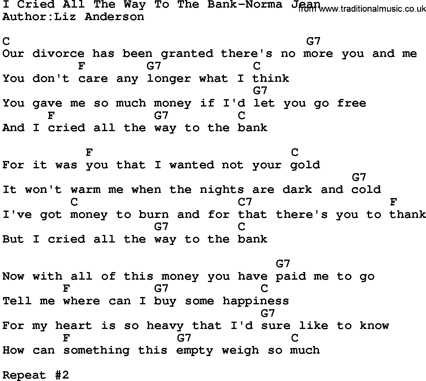 Country music song: I Cried All The Way To The Bank-Norma Jean lyrics and chords