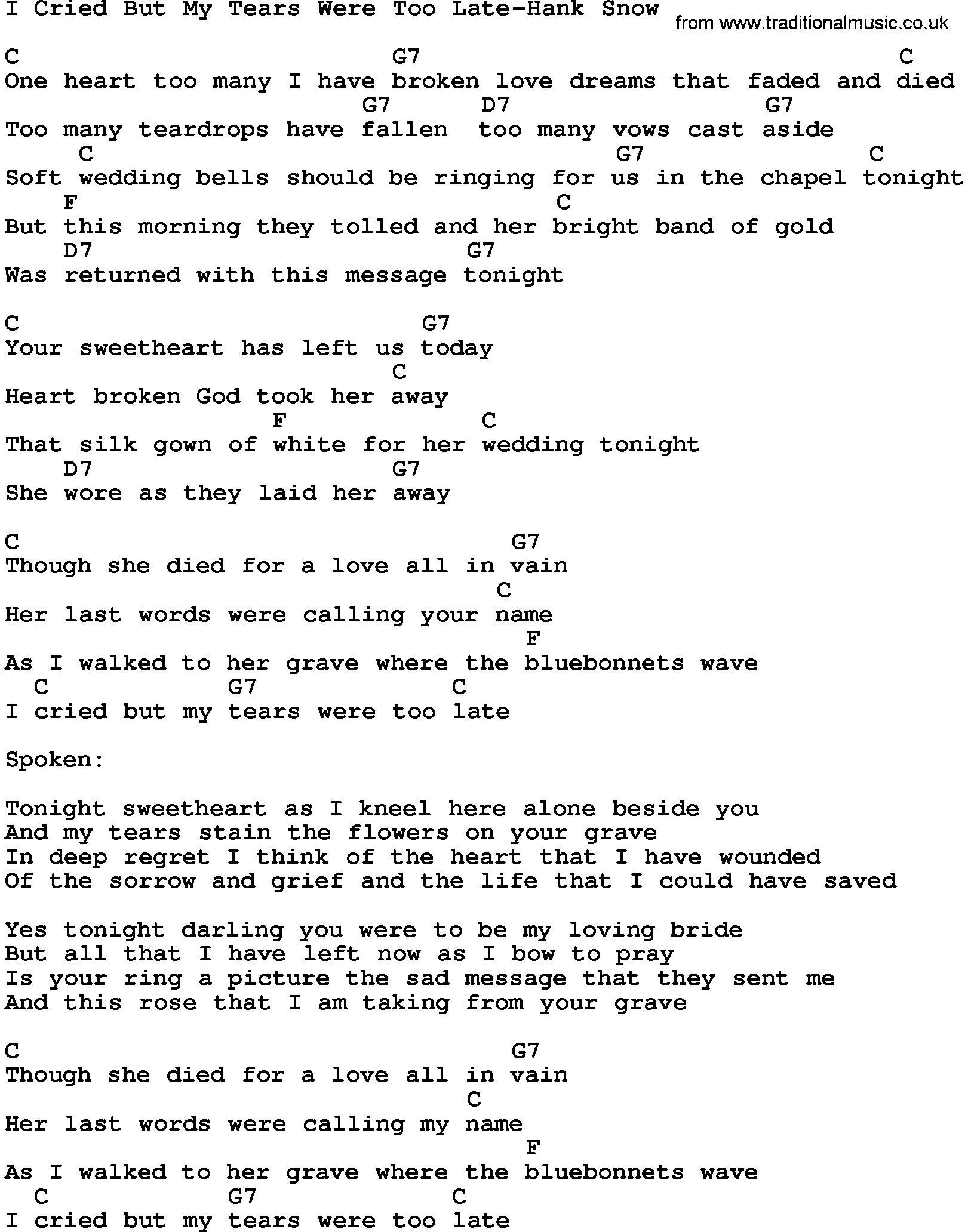 Country music song: I Cried But My Tears Were Too Late-Hank Snow lyrics and chords