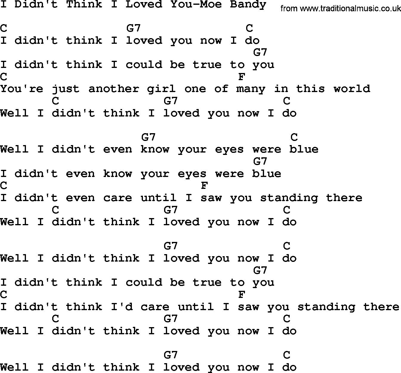 Country music song: I Didn't Think I Loved You-Moe Bandy lyrics and chords