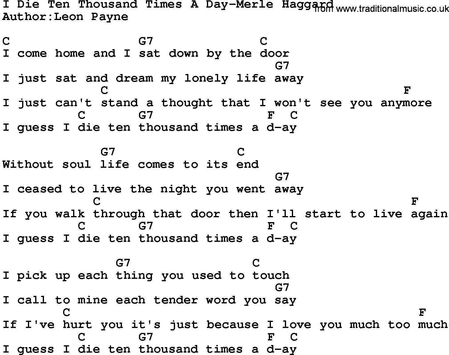 Country music song: I Die Ten Thousand Times A Day-Merle Haggard lyrics and chords