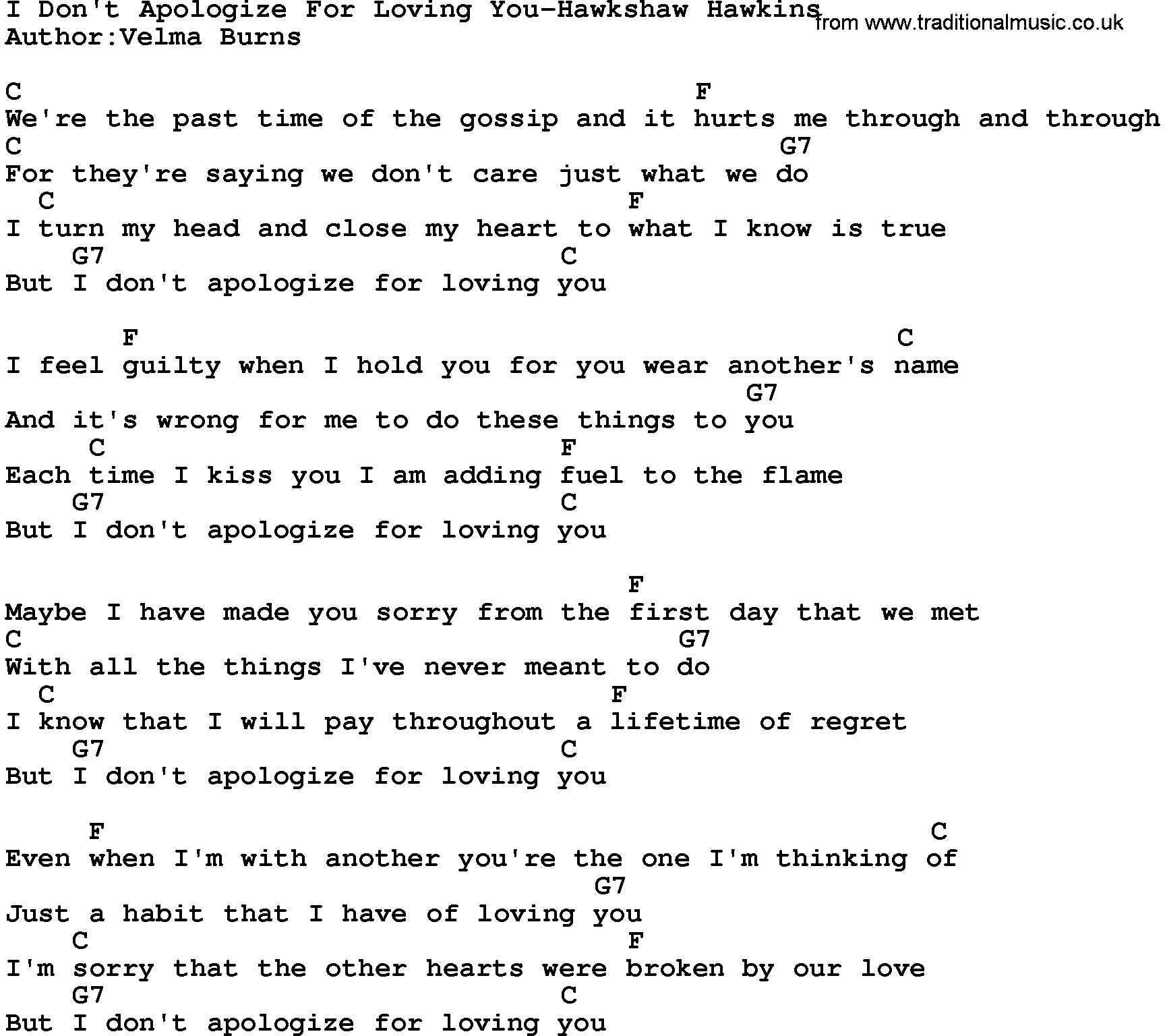 Country music song: I Don't Apologize For Loving You-Hawkshaw Hawkins lyrics and chords
