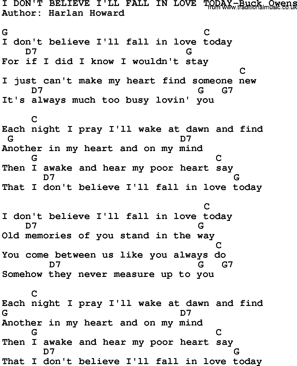 Country music song: I Don't Believe I'll Fall In Love Today-Buck Owens lyrics and chords