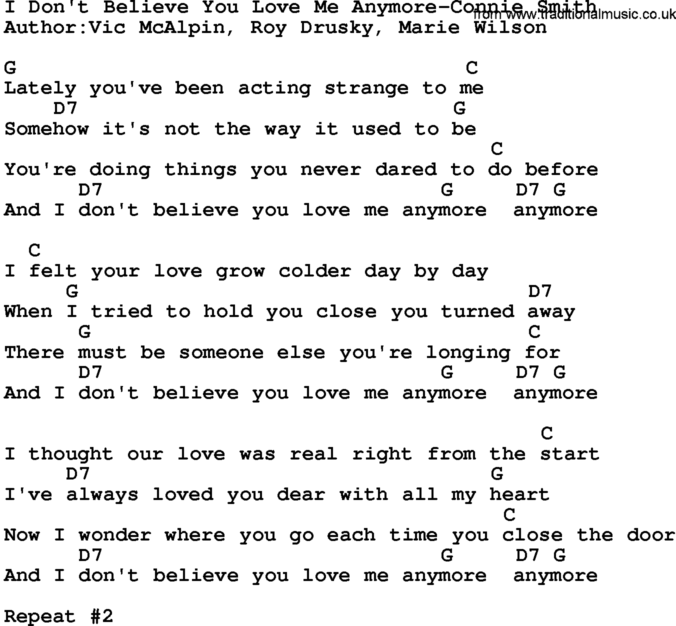 Country music song: I Don't Believe You Love Me Anymore-Connie Smith lyrics and chords