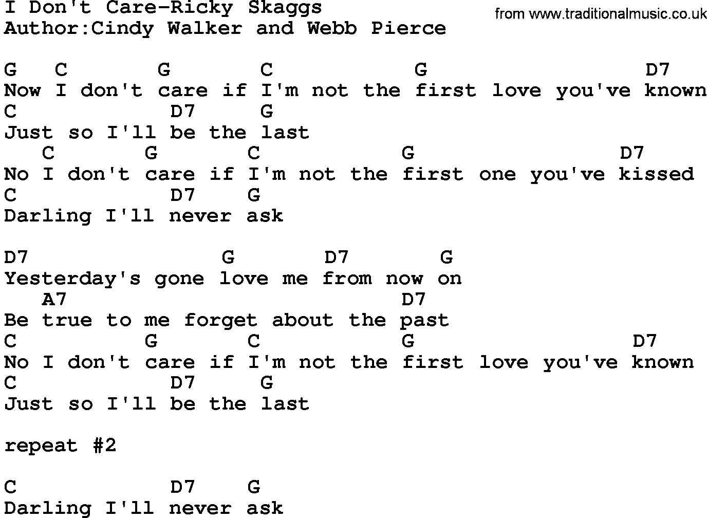 Country music song: I Don't Care-Ricky Skaggs lyrics and chords