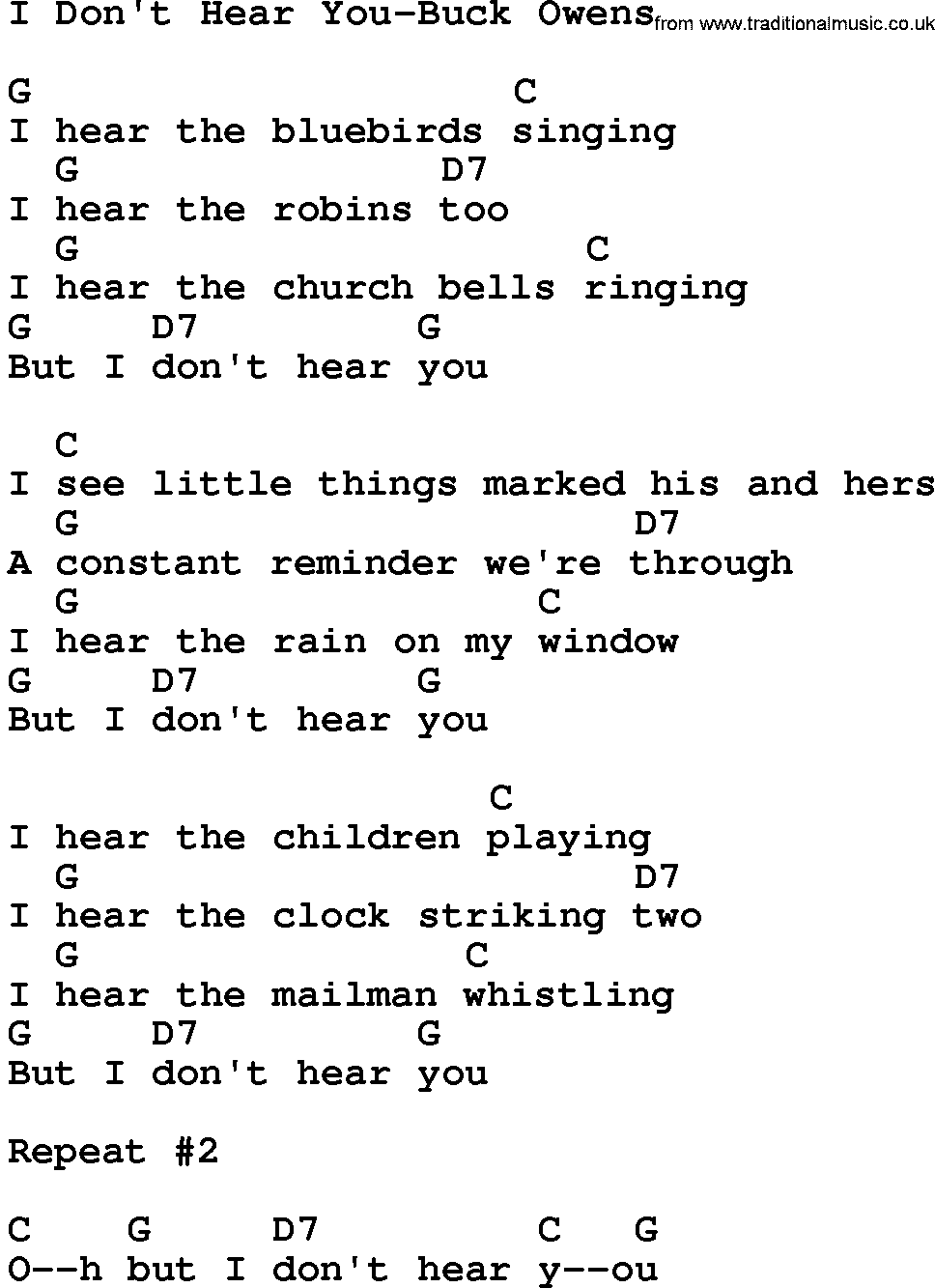 Country music song: I Don't Hear You-Buck Owens lyrics and chords