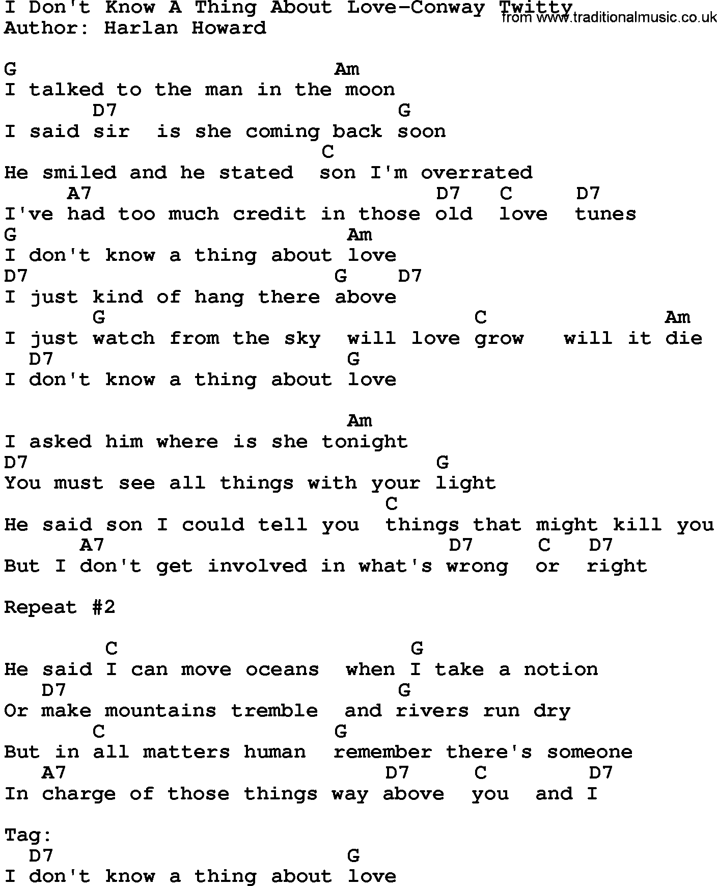 Country music song: I Don't Know A Thing About Love-Conway Twitty lyrics and chords