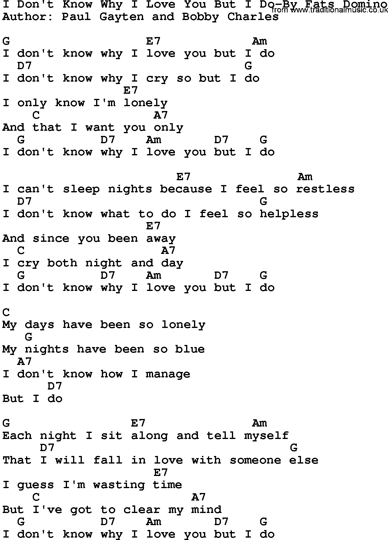 Country music song: I Don't Know Why I Love You But I Do-By Fats Domino lyrics and chords