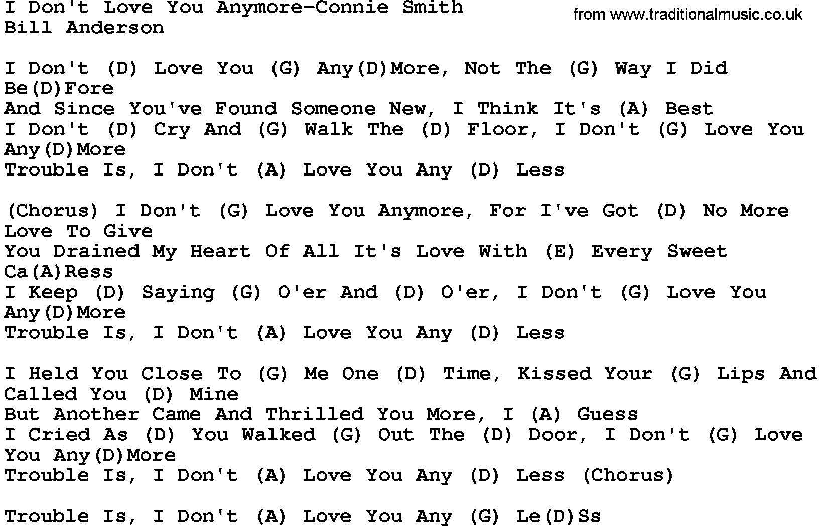 Country music song: I Don't Love You Anymore-Connie Smith lyrics and chords