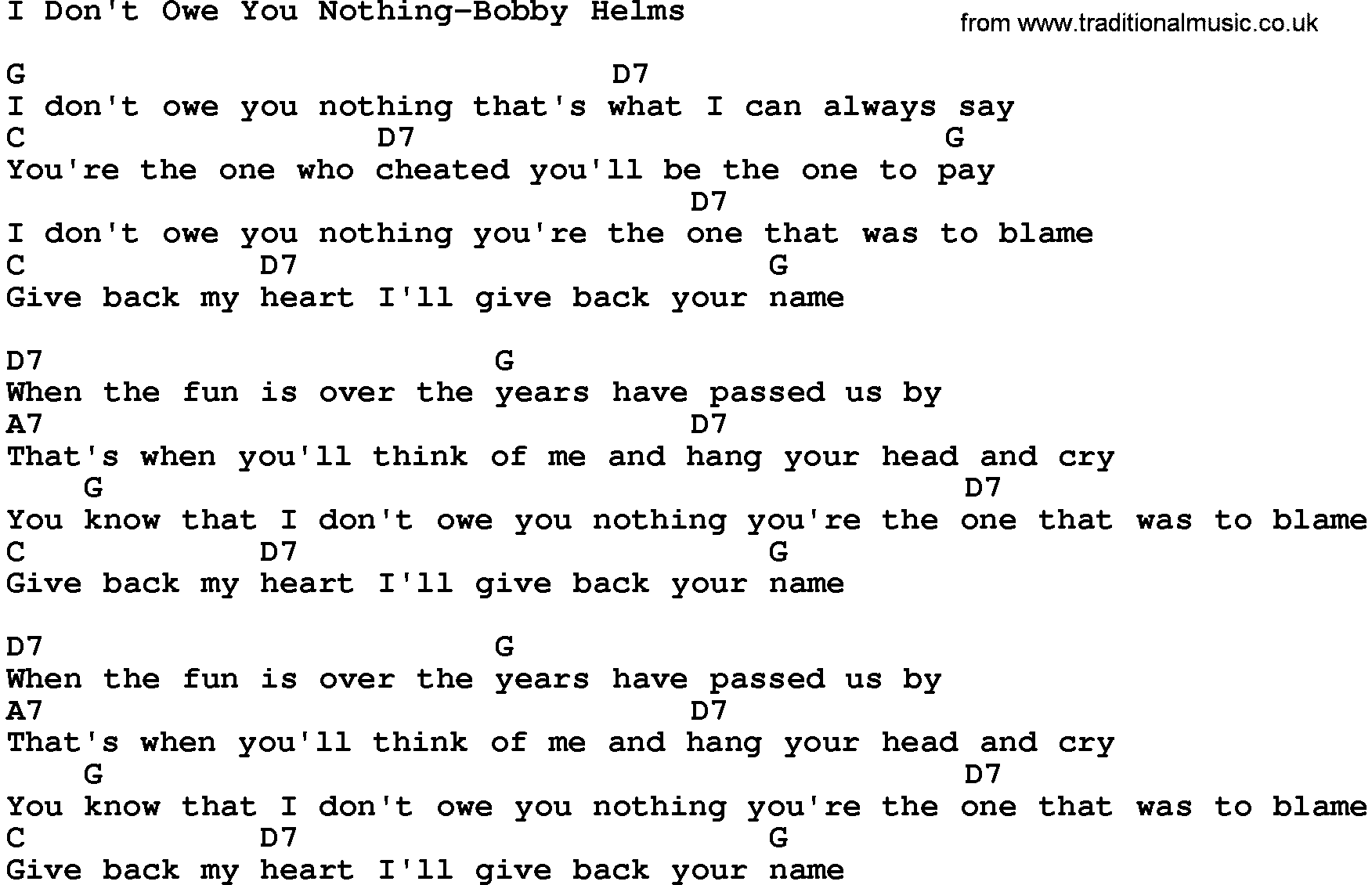 Country music song: I Don't Owe You Nothing-Bobby Helms lyrics and chords