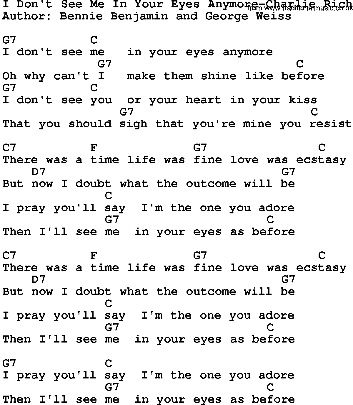 Country music song: I Don't See Me In Your Eyes Anymore-Charlie Rich lyrics and chords