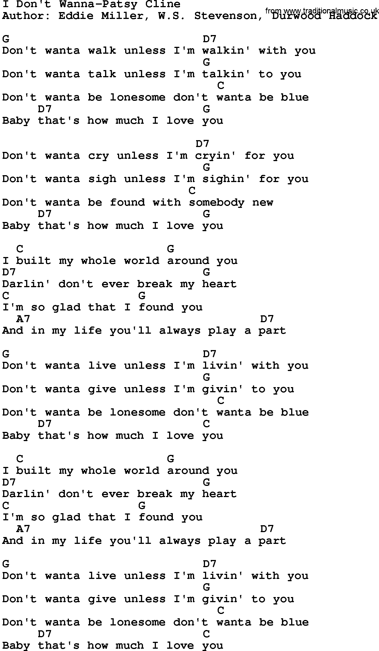 Country music song: I Don't Wanna-Patsy Cline lyrics and chords