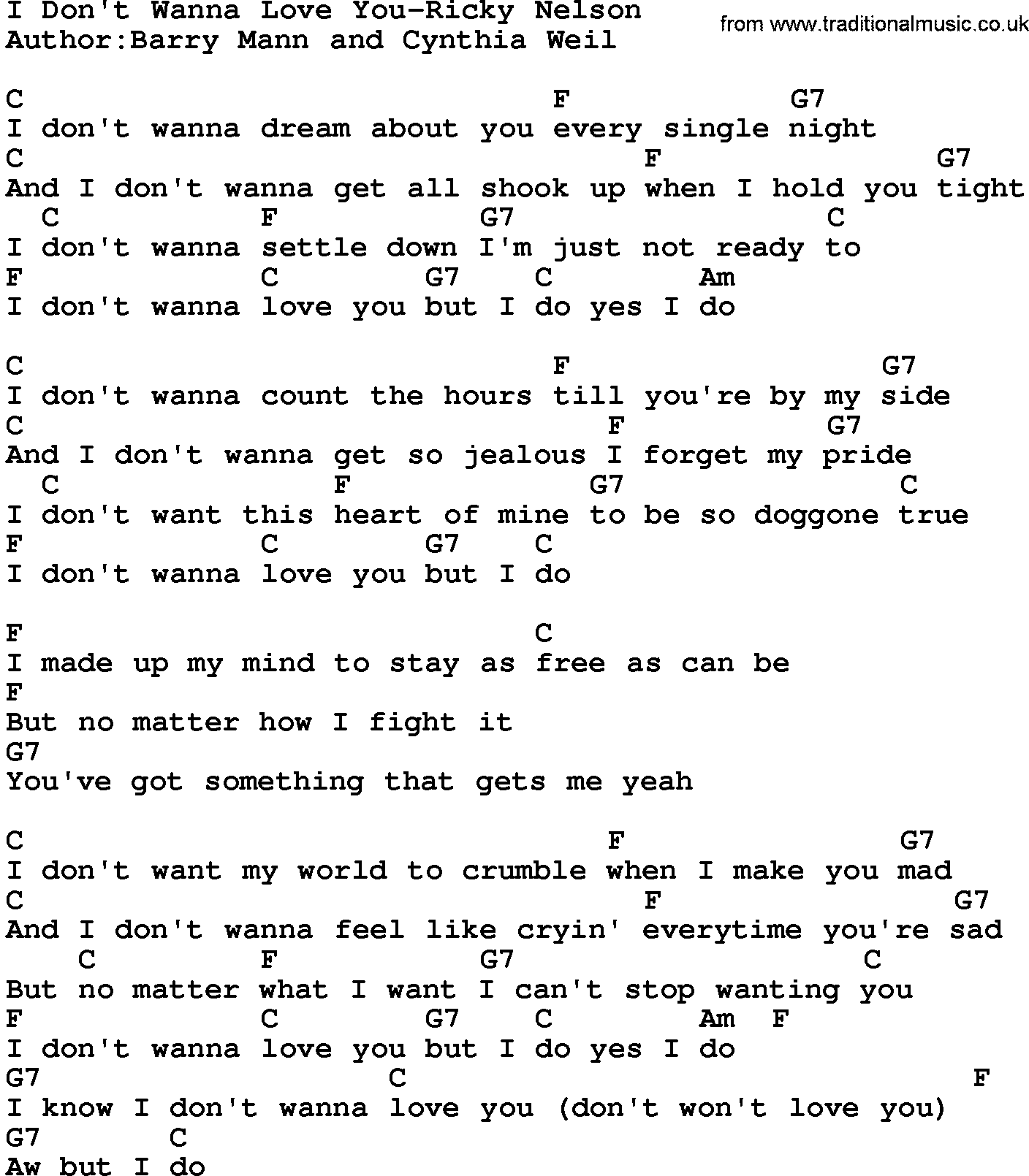 Country music song: I Don't Wanna Love You-Ricky Nelson lyrics and chords